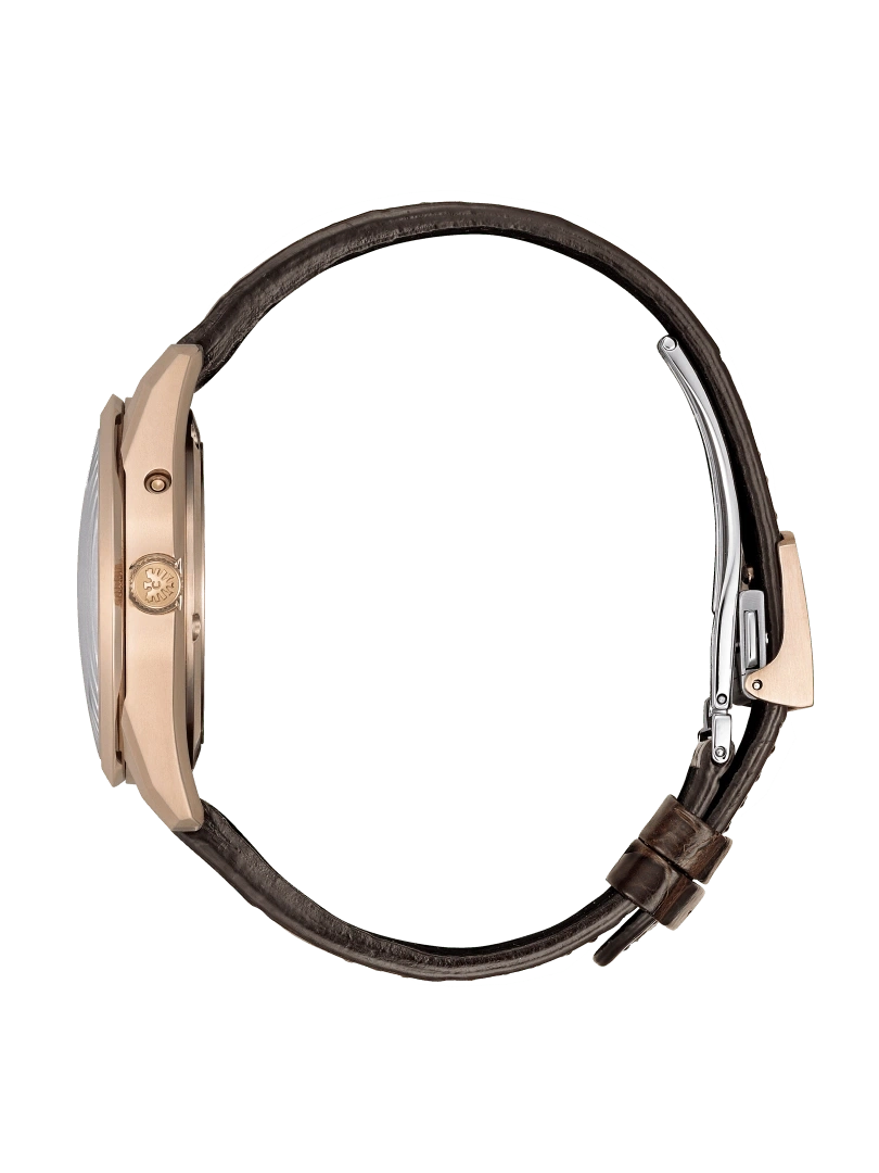 Side view of a luxury watch with a brown leather strap and gold case.