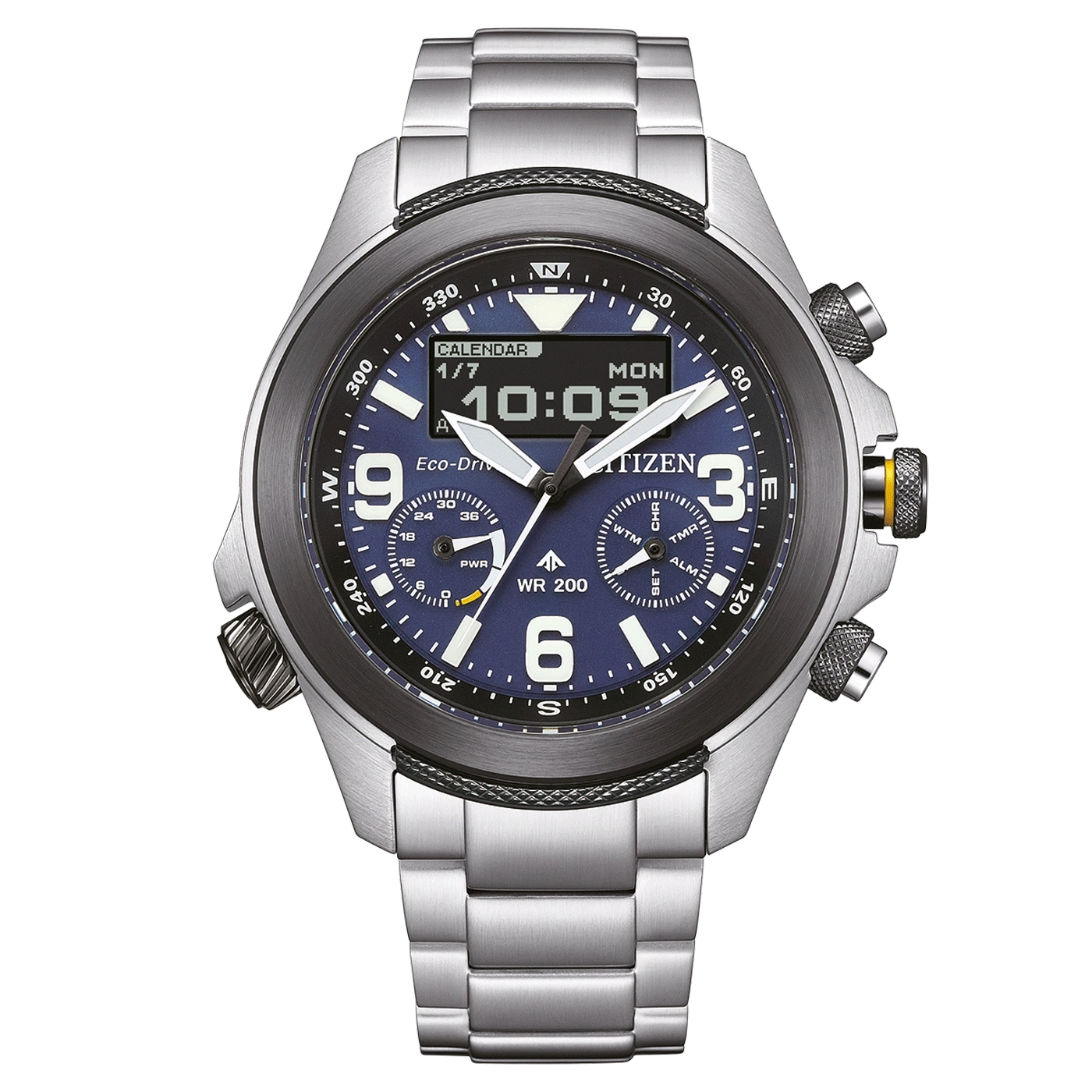 Citizen watch with blue face, digital display, and stainless steel band.