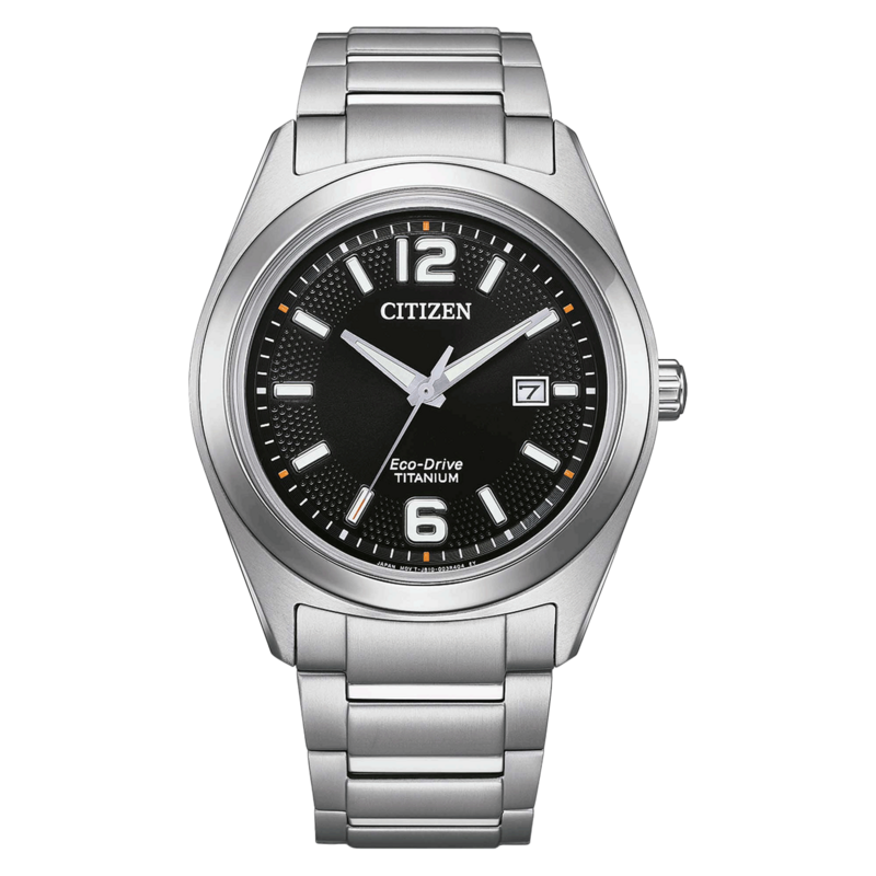Citizen watch with black dial and silver titanium band