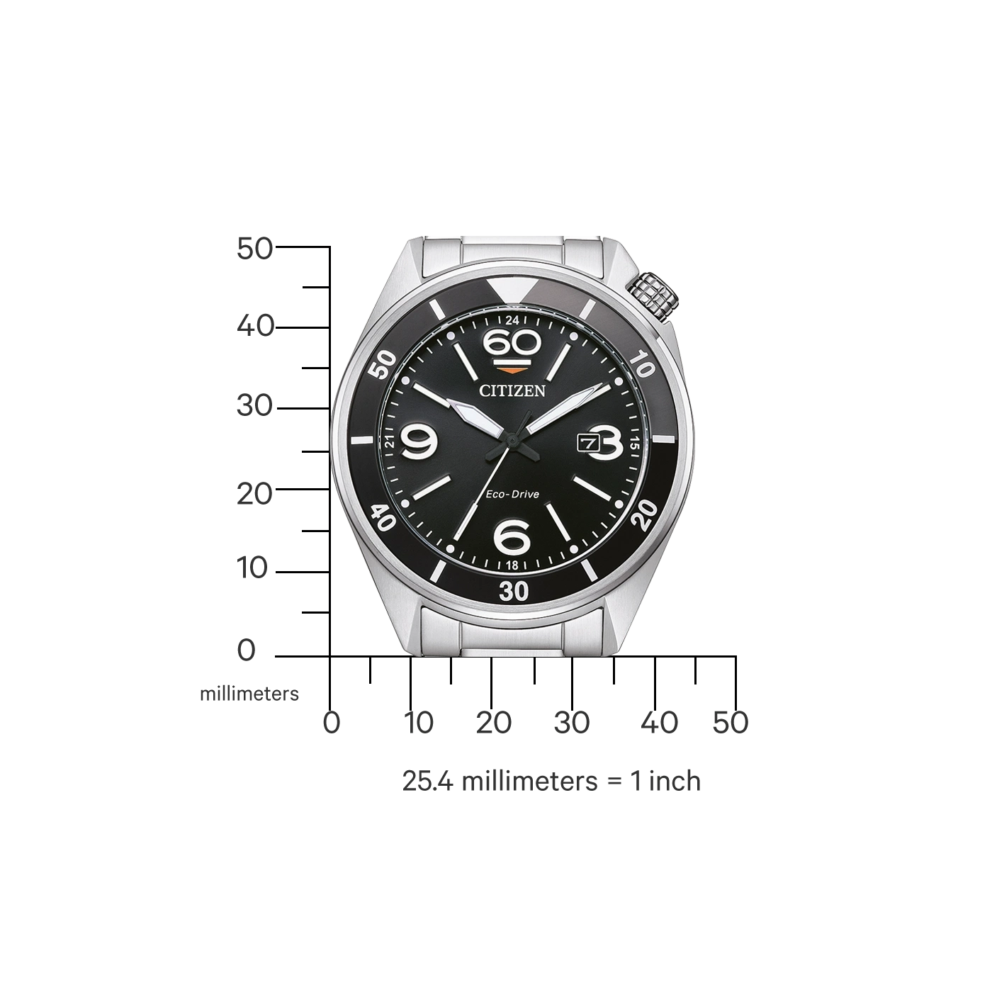 Citizen watch with black dial and silver band, showing time and measurements.