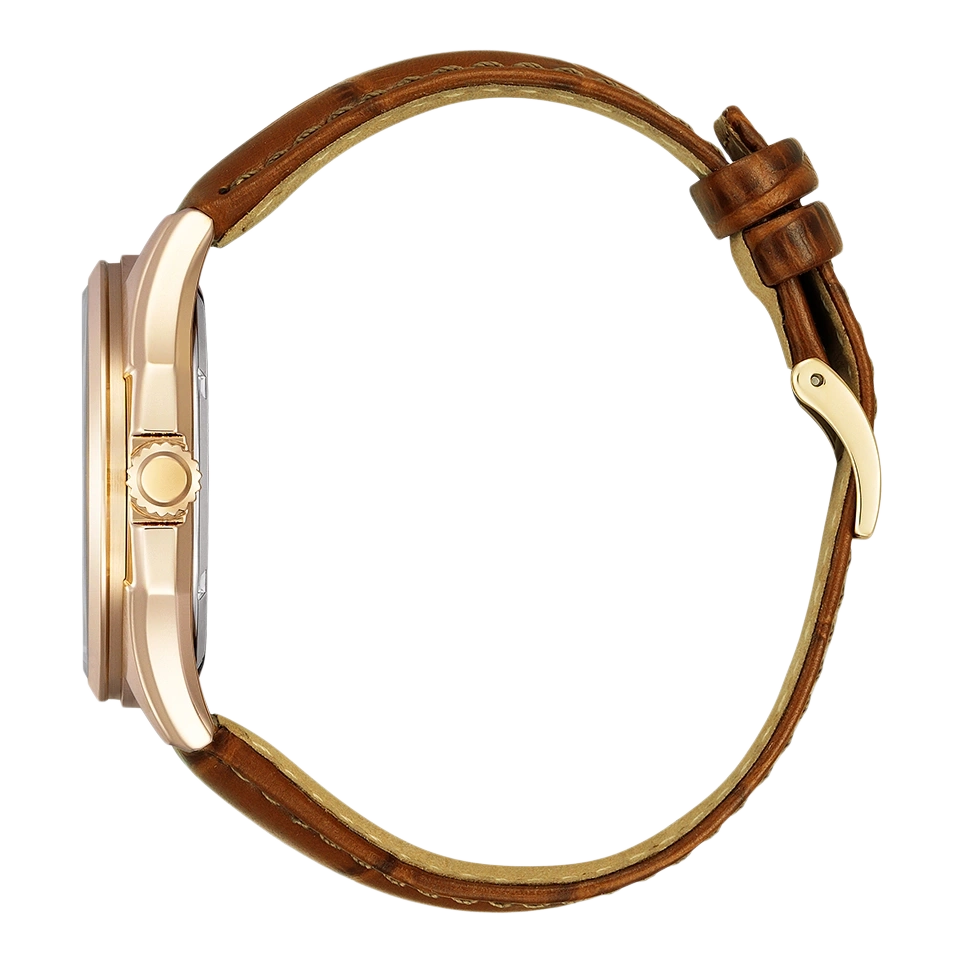 Side view of a gold watch with a brown leather strap.