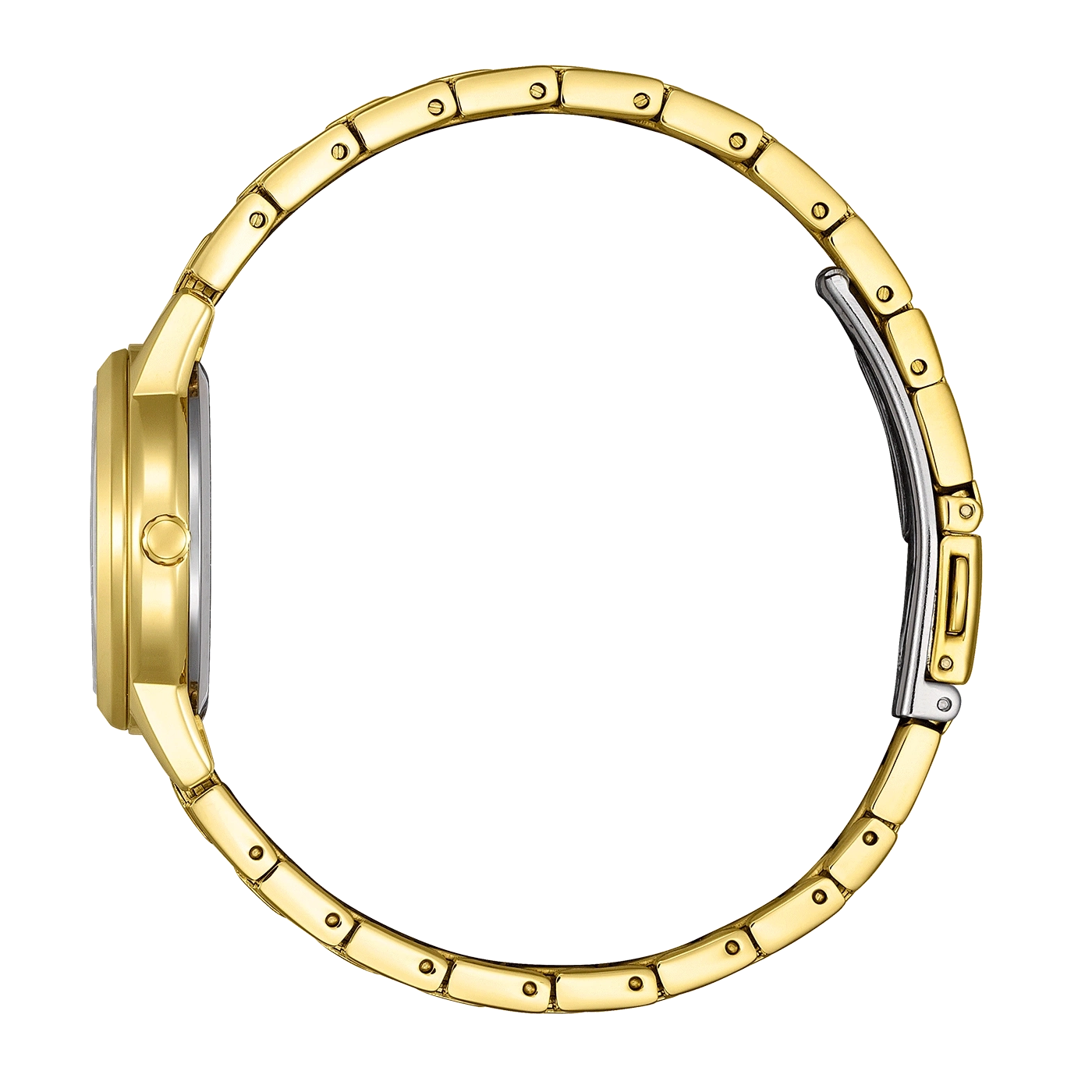 Gold watch, side view, with a gold band and a silver clasp.