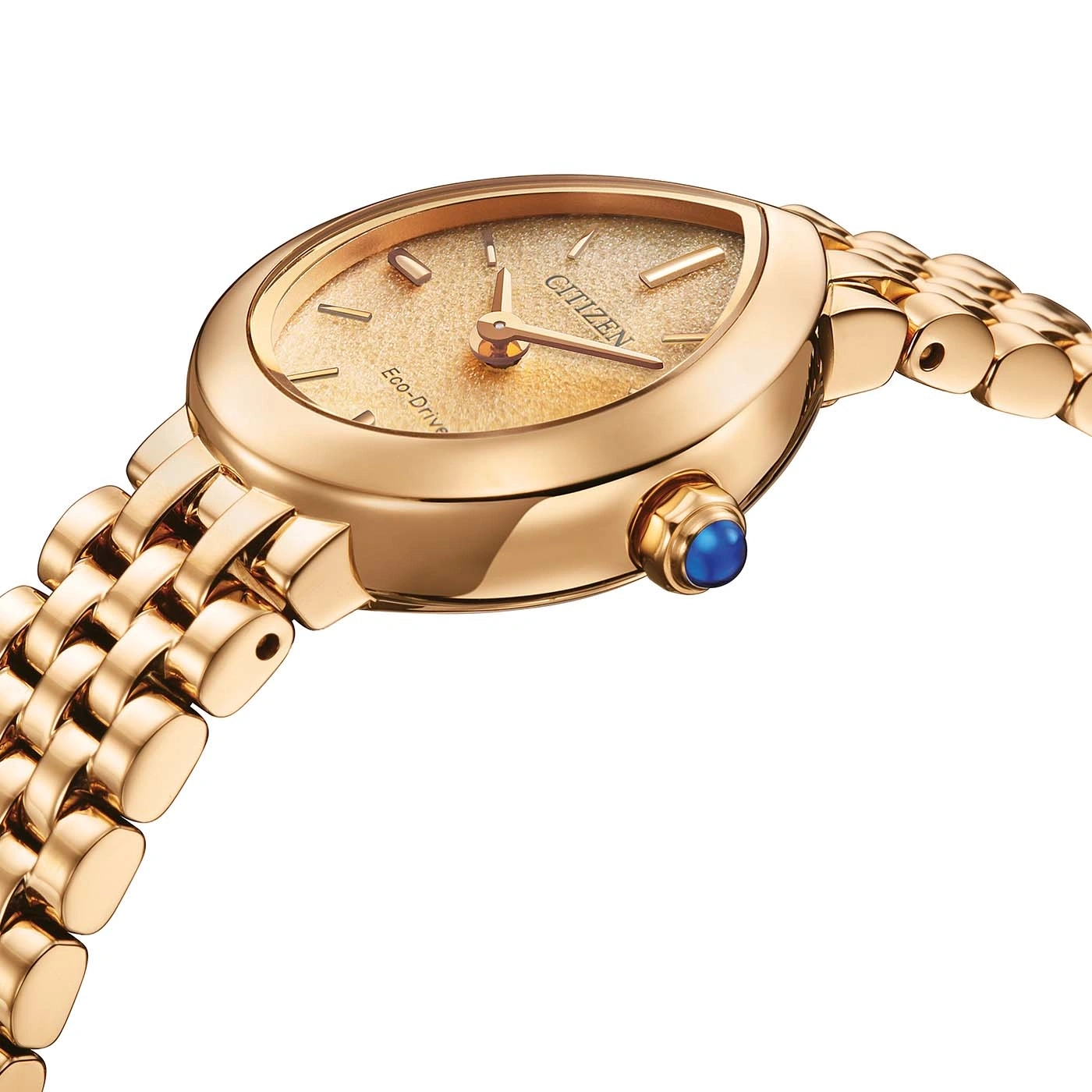 Gold Citizen Eco-Drive watch with a blue gem on the crown.