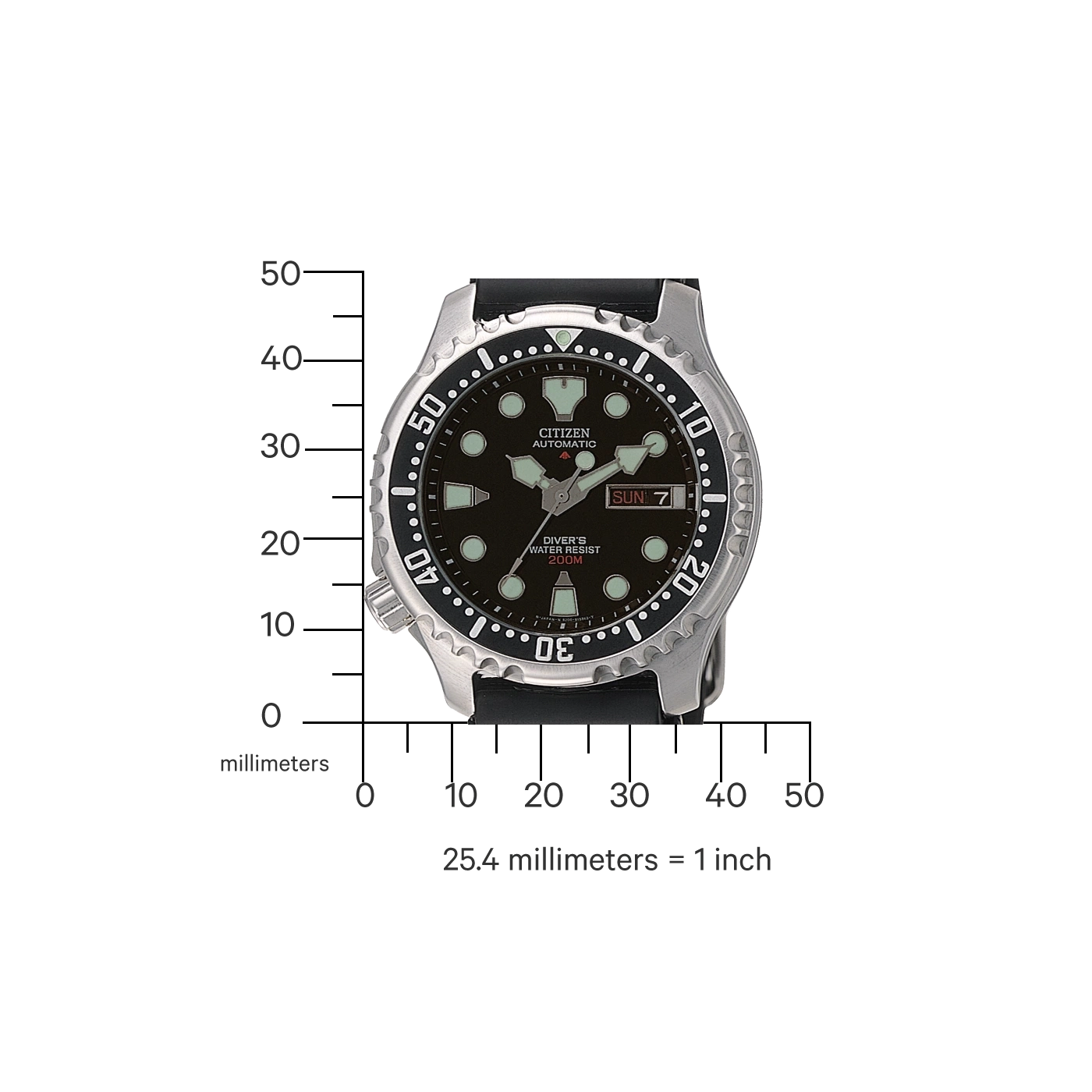 Citizen watch with black dial, diver's water resist, and day display.