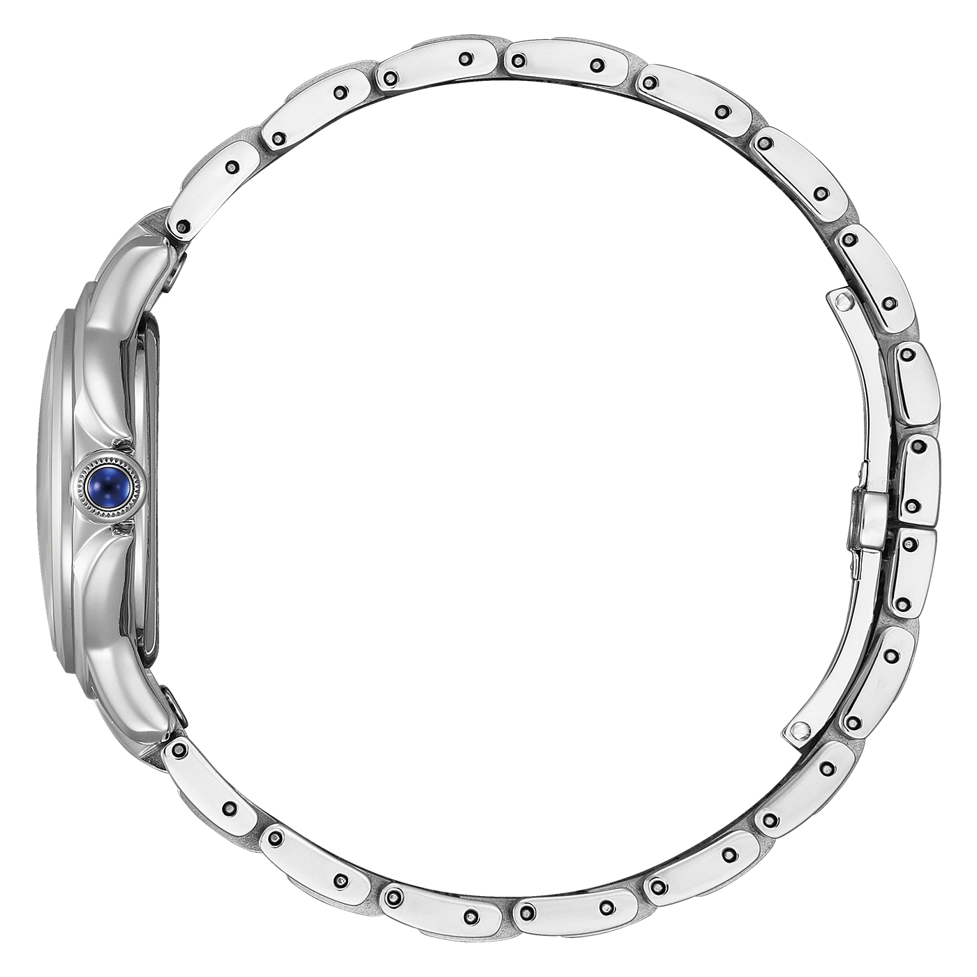 Side view of a silver wristwatch with a blue gem and metal band.
