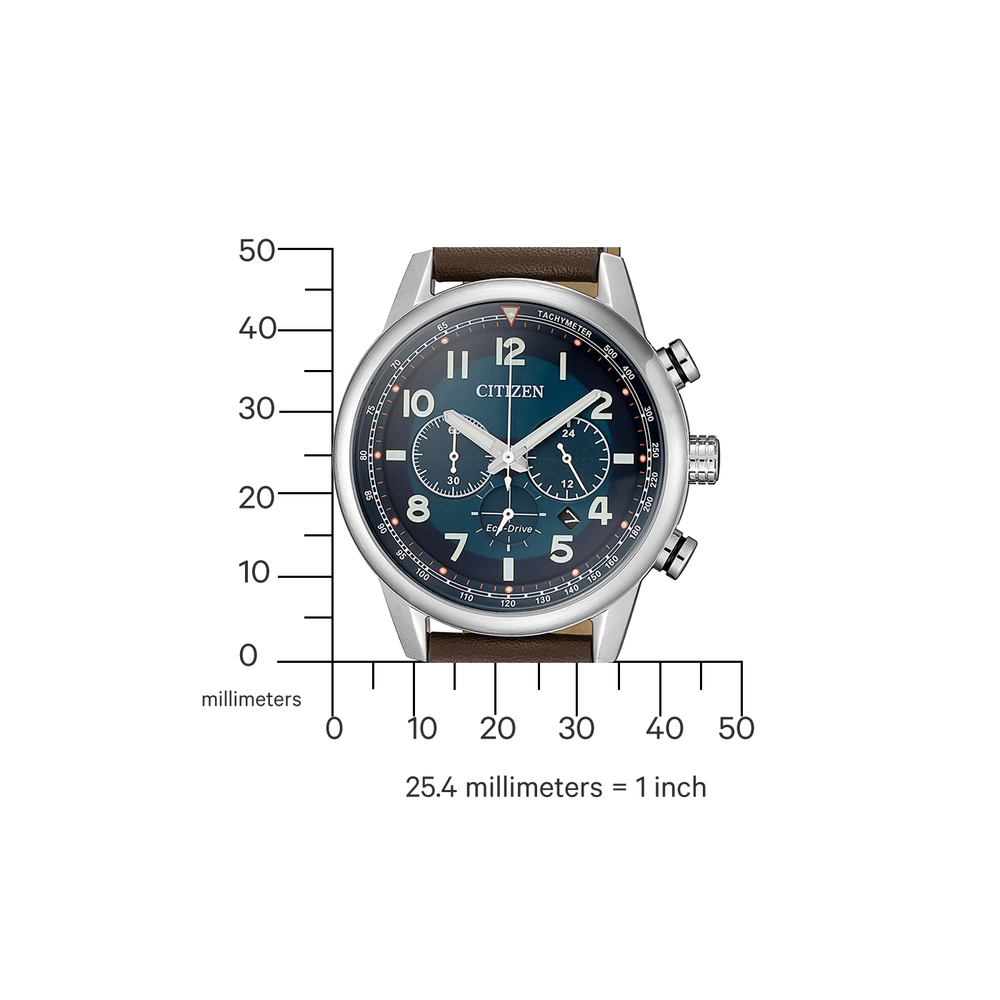 Citizen watch with brown leather strap, tachymeter, and Eco-Drive technology.