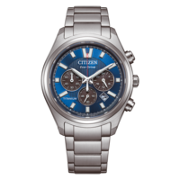 A close-up of a silver Citizen Eco-Drive titanium chronograph watch with a blue dial.