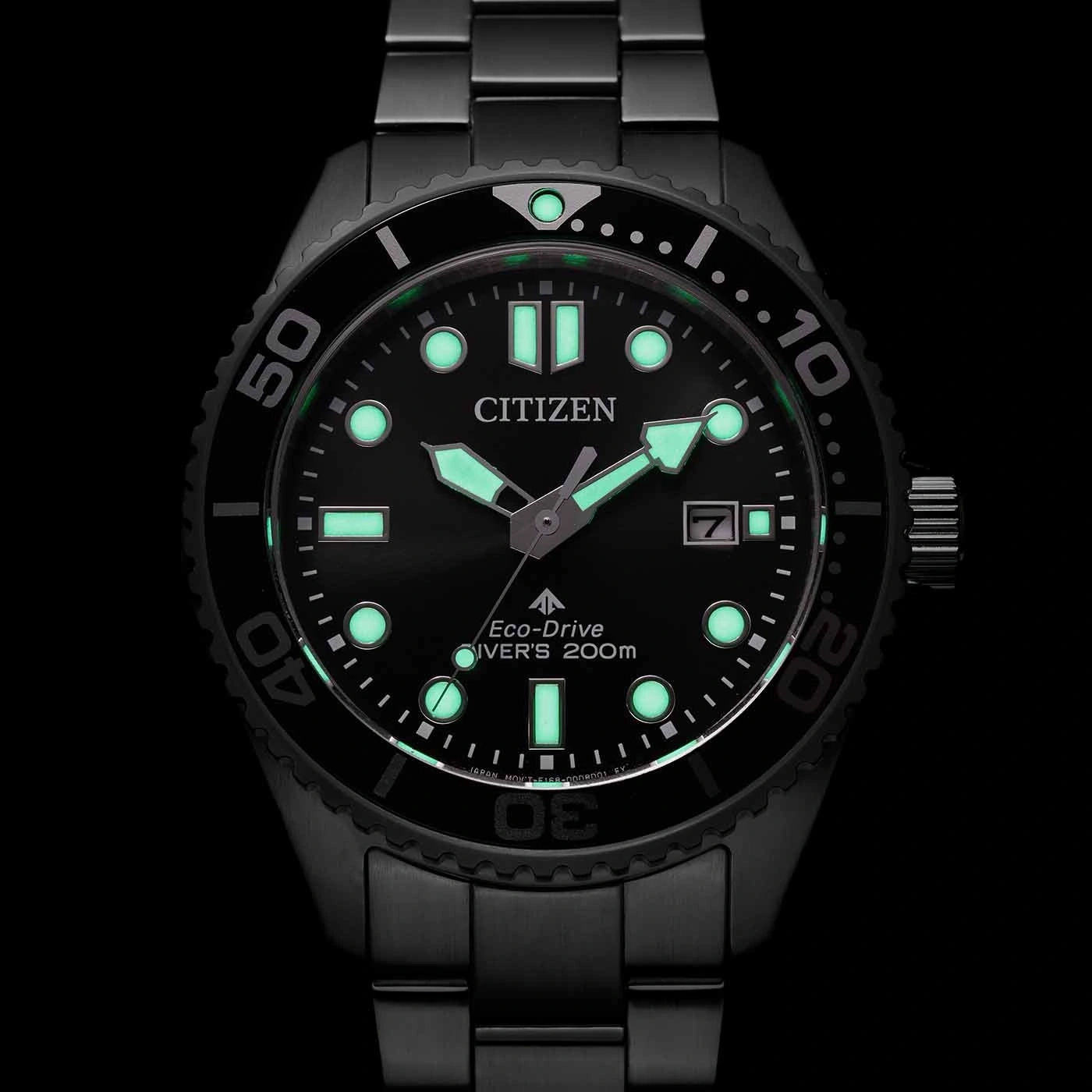 Black Citizen watch with glowing hands and markers, Eco-Drive, diver's 200m