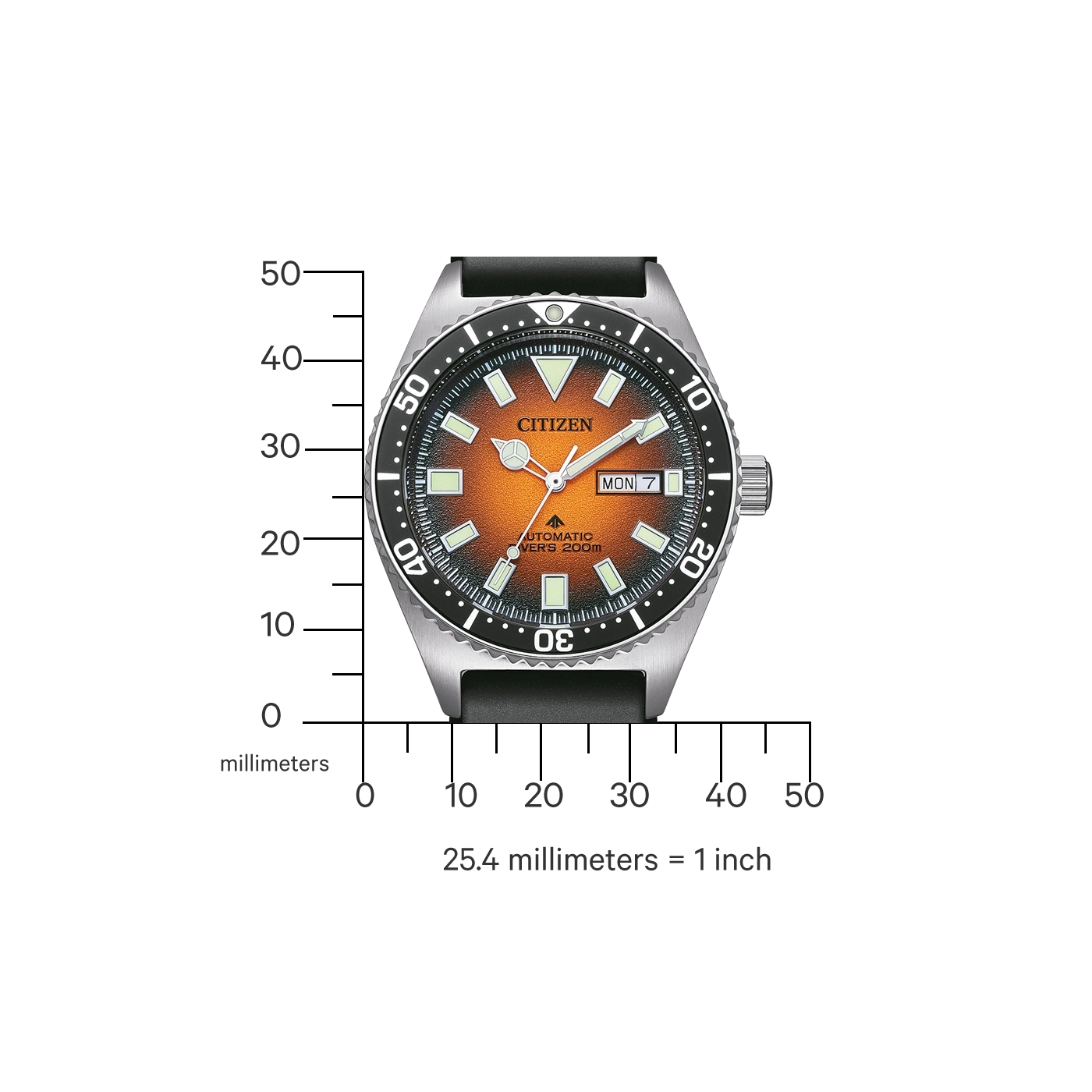 Citizen watch with orange dial, black bezel, and day display.