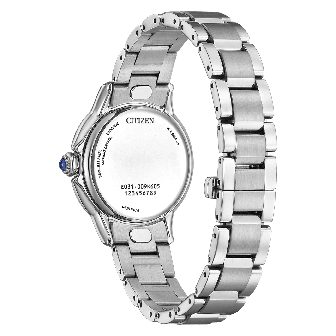 Citizen watch back, stainless steel, Eco-Drive, sapphire crystal, Japan movt, W.R.5BAR-9