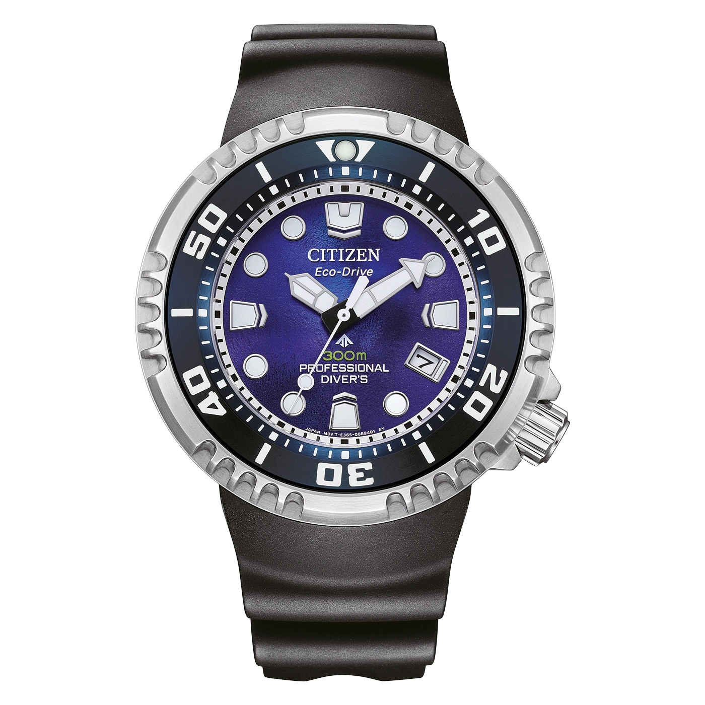 Citizen Eco-Drive watch with blue face and black strap, professional diver's watch