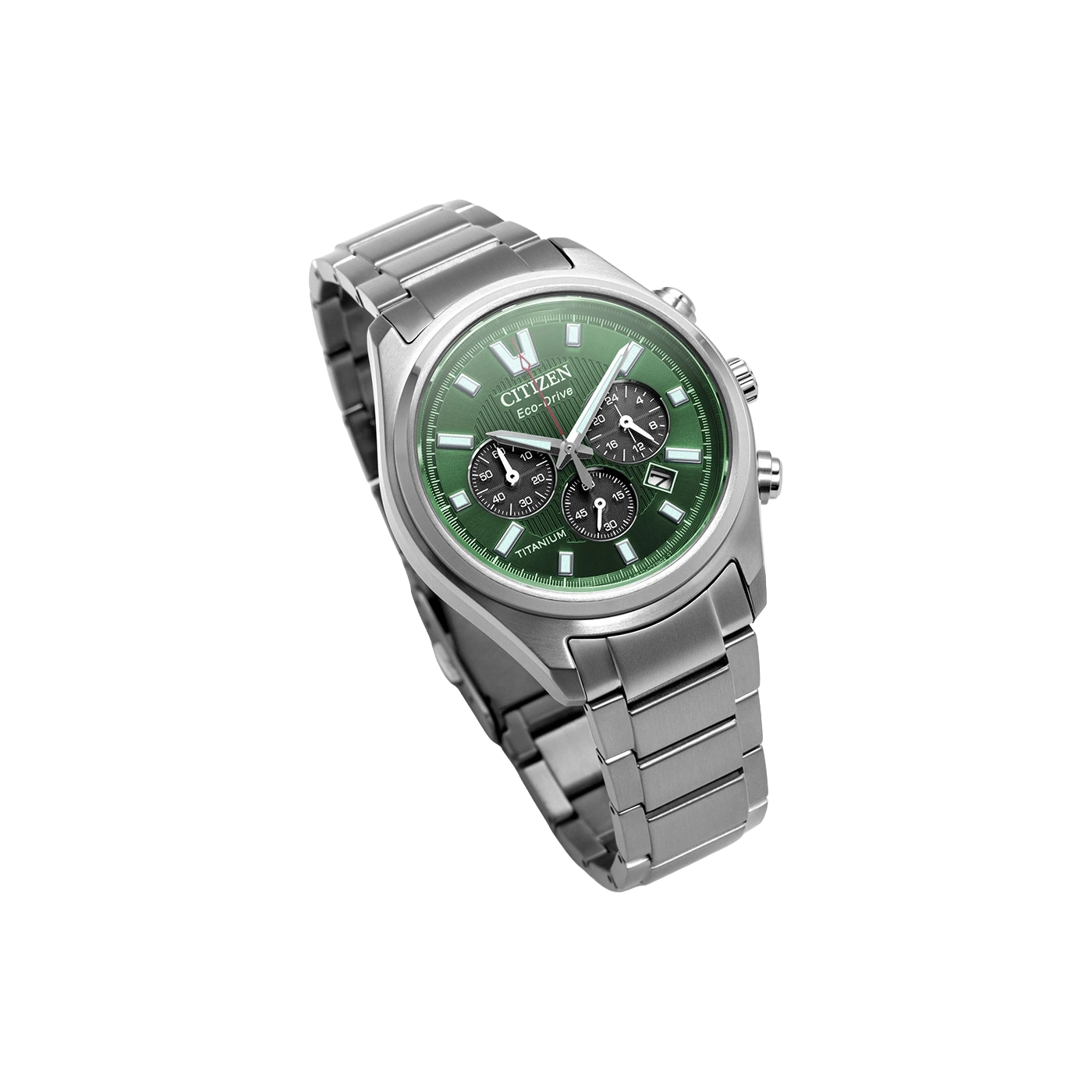 A silver Citizen Eco-Drive watch with a green dial and metal band.