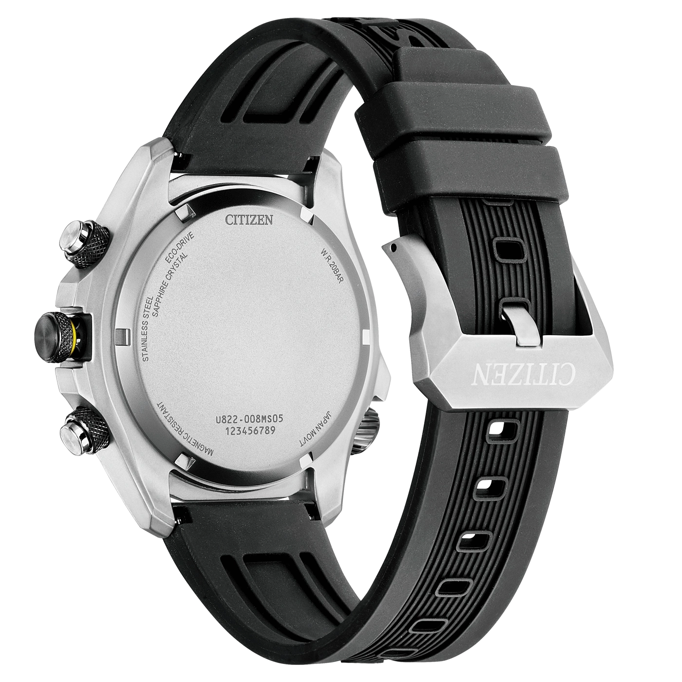 Citizen watch back, stainless steel, black strap, Eco-Drive, sapphire crystal, water resistant.