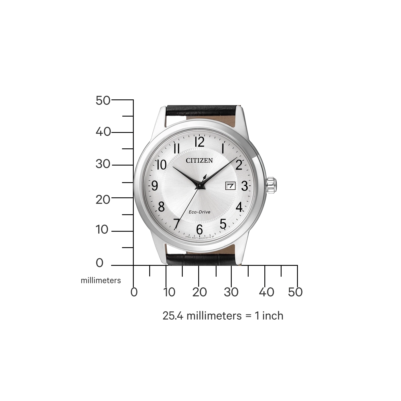 Citizen watch with silver face, black leather strap, and Eco-Drive technology.