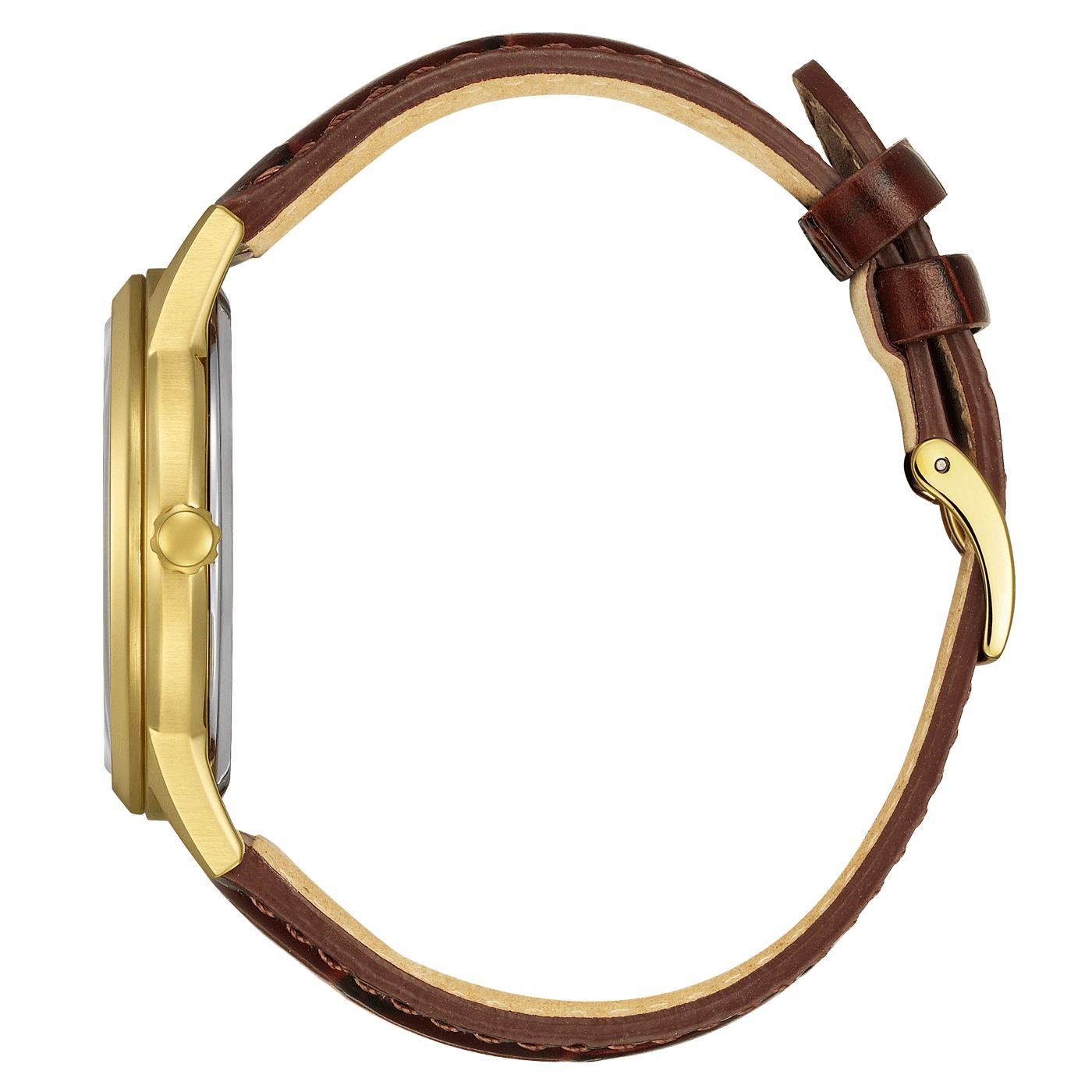 Gold watch with brown leather strap, side view, elegant design.