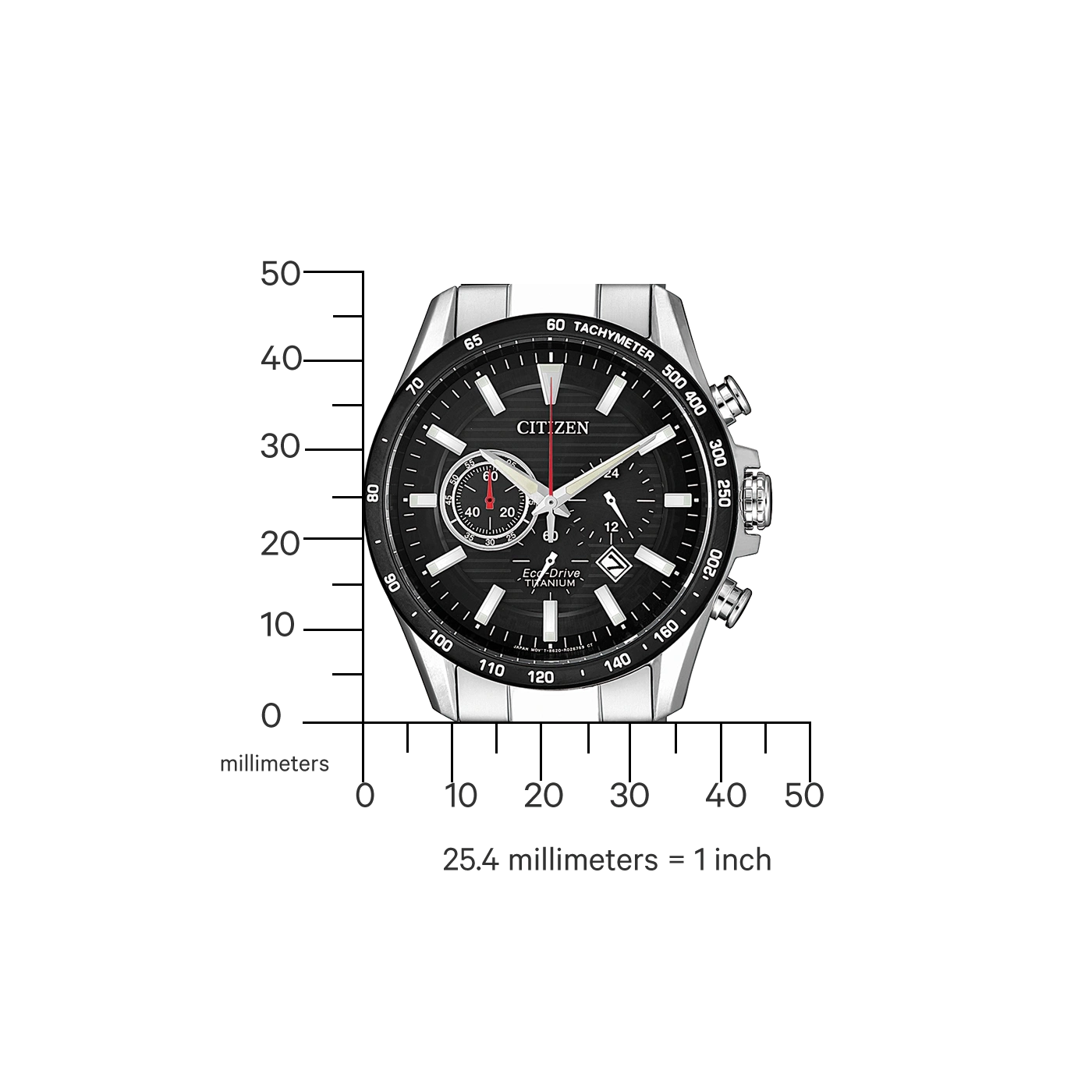 Citizen watch with black face, titanium, and tachymeter markings.
