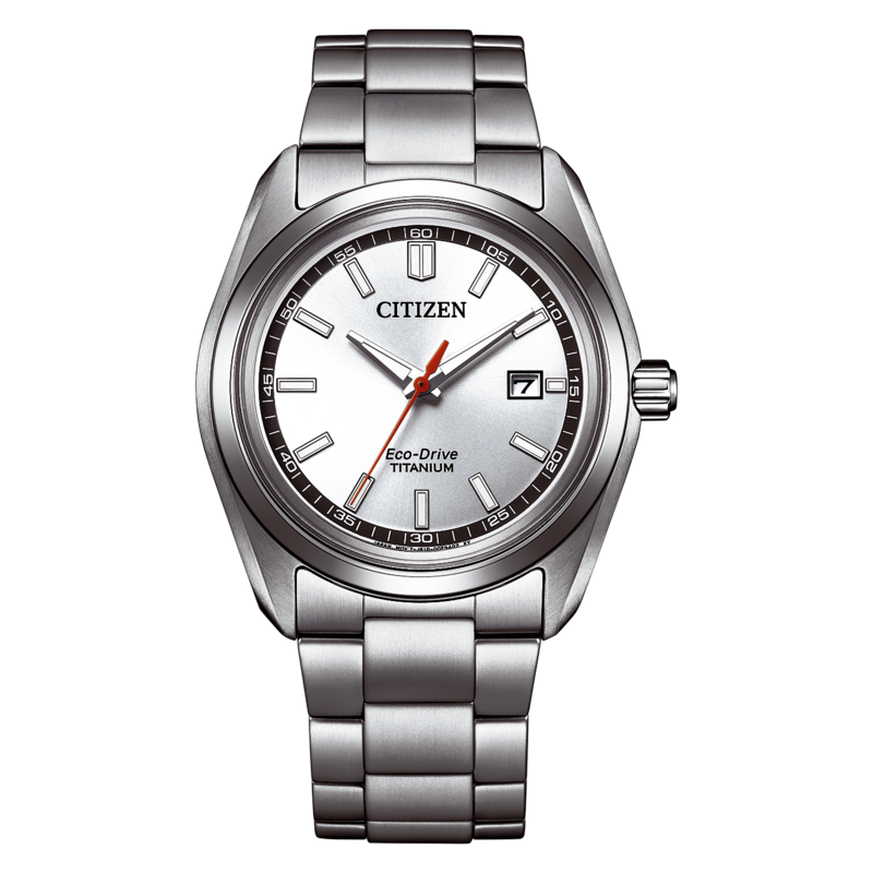 A silver Citizen Eco-Drive Titanium watch with a white dial.
