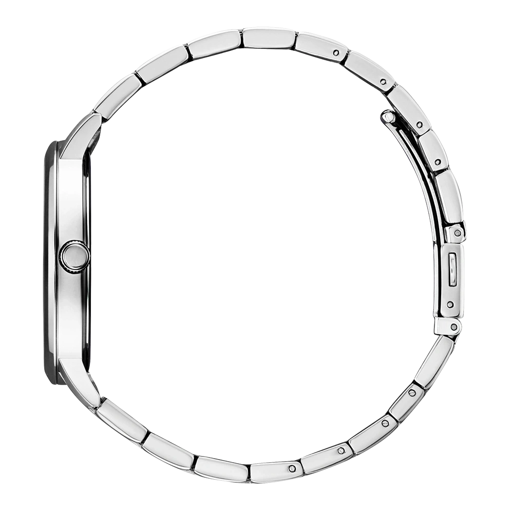 Side view of a silver watch with a metal band, elegant design.