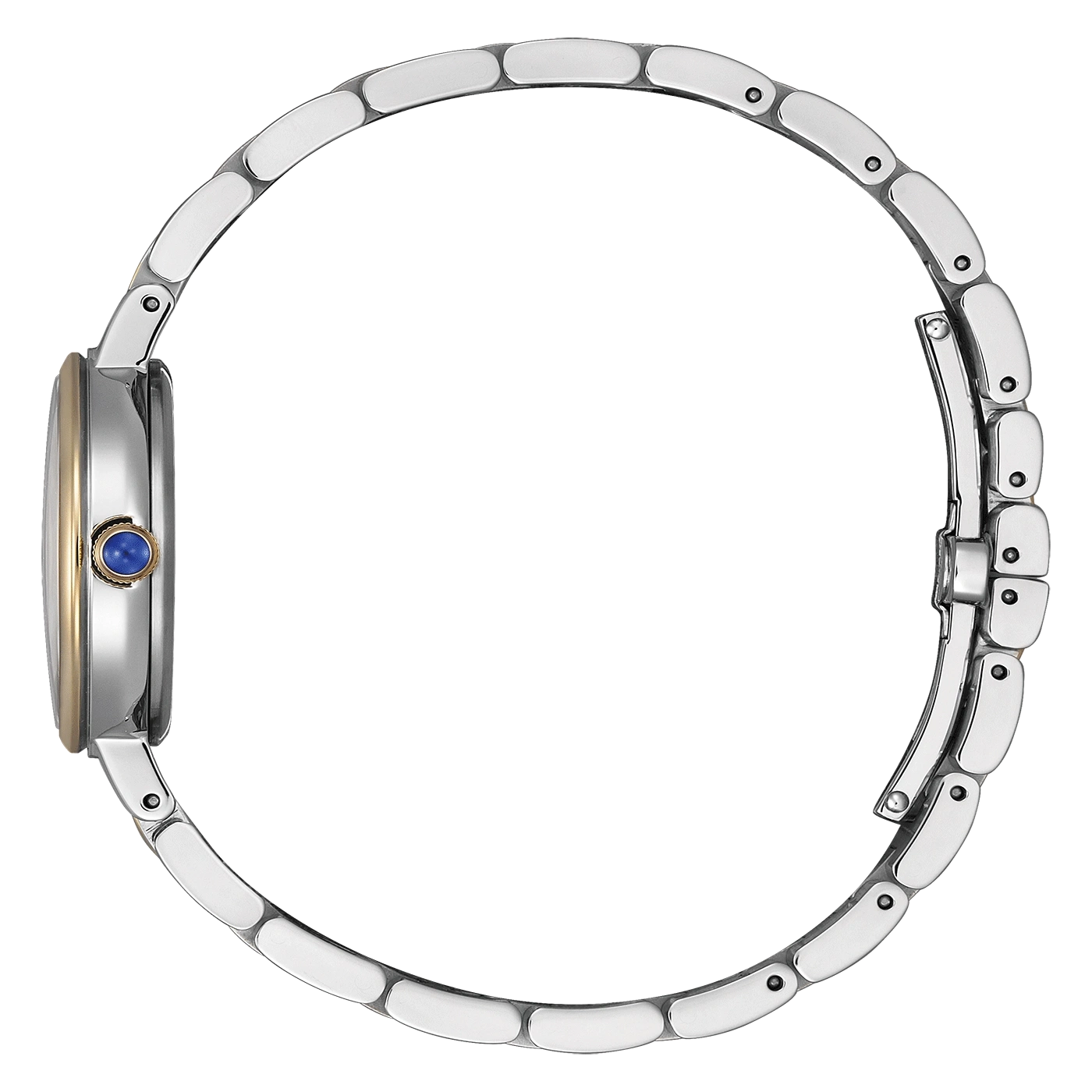 Side view of a silver watch with a blue gem and a green background.