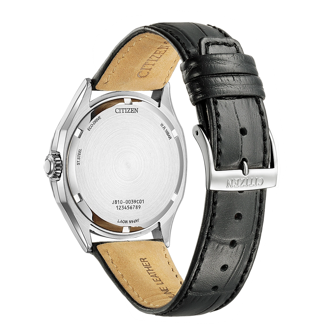 Citizen watch back, black leather strap, Eco-Drive, stainless steel, Japan movement