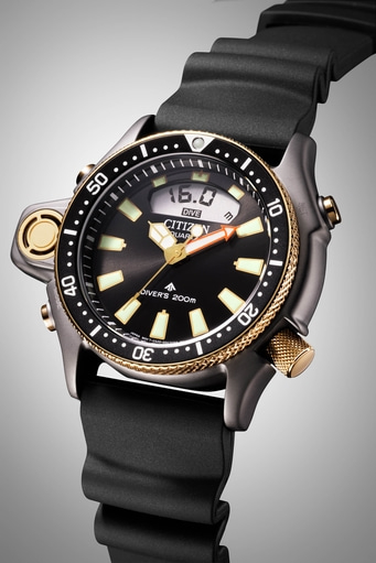Close-up of a Citizen dive watch with a black strap and gold accents.