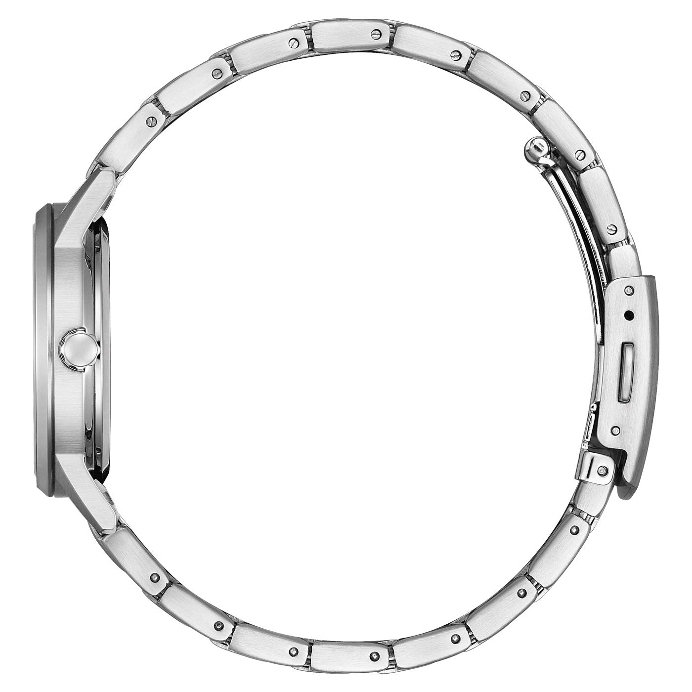 Side view of a silver wristwatch with a metal band, elegant design.