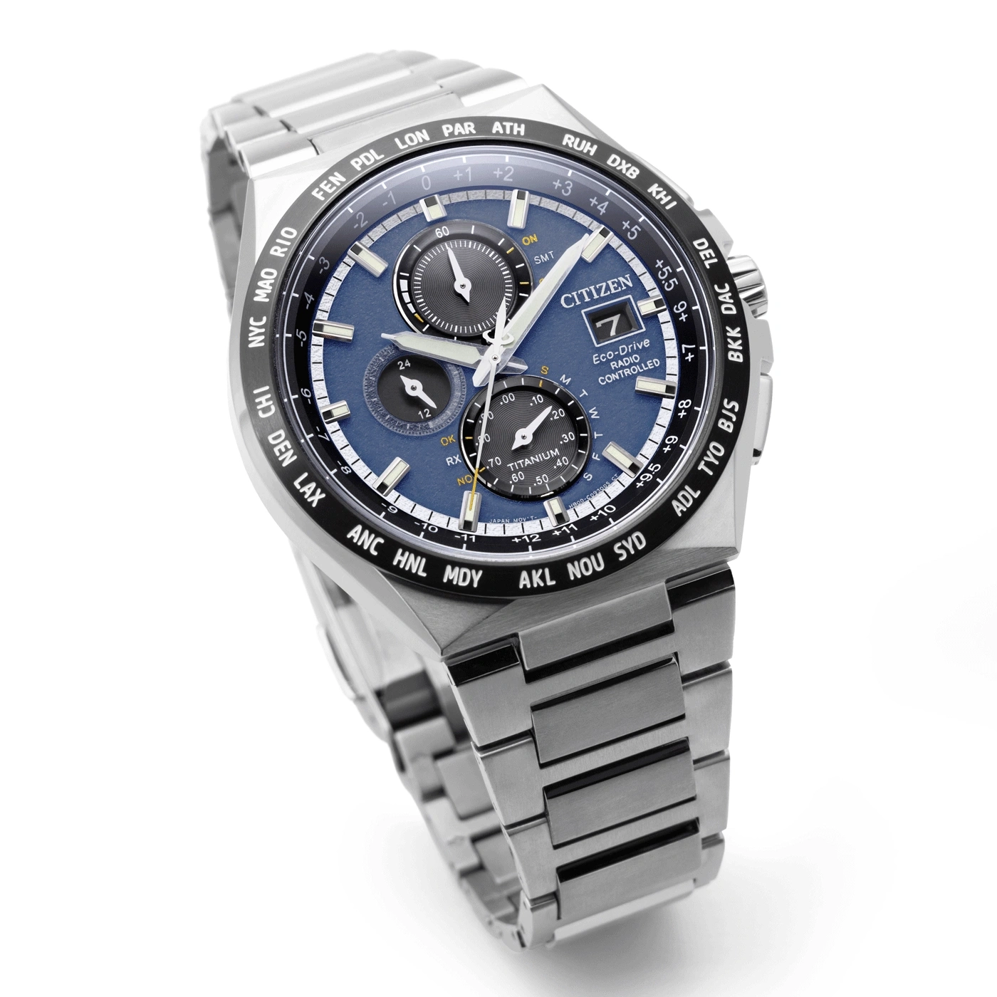Citizen watch with blue face, titanium, radio controlled, time zones, and date display.