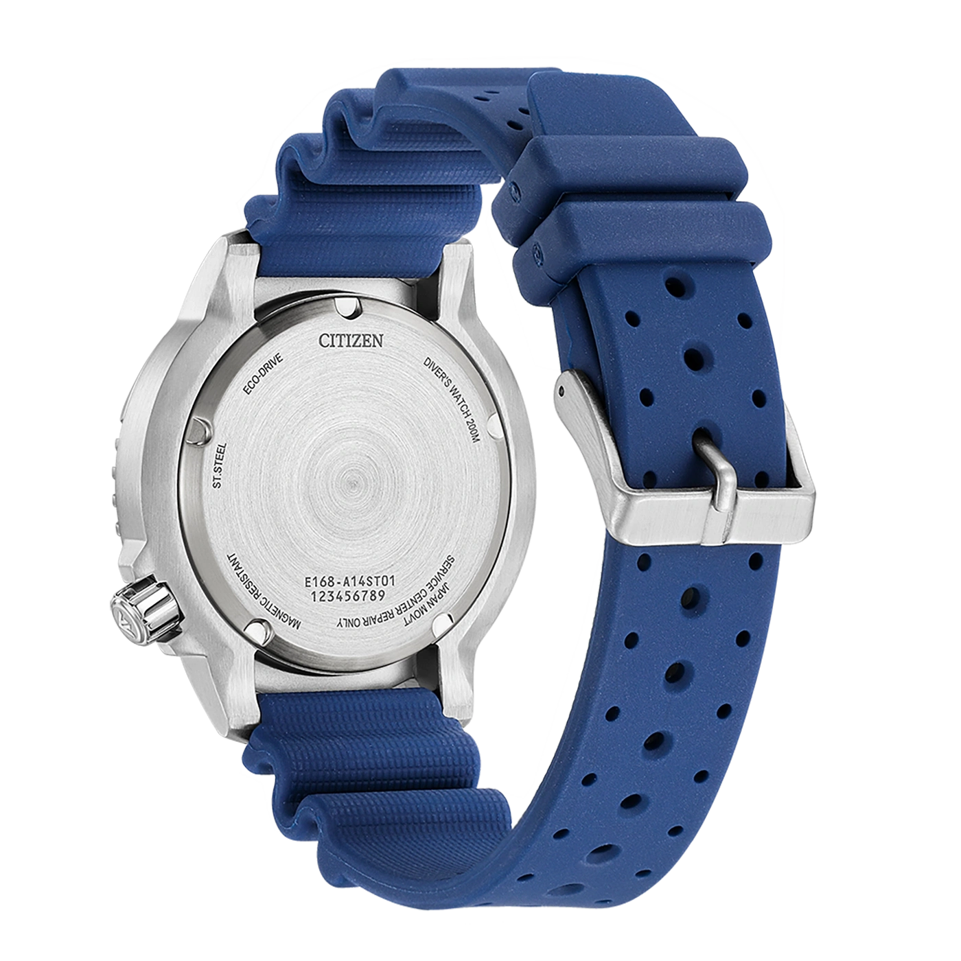 Citizen watch back with blue strap, Eco-Drive, Diver's Watch 200M, magnetic resistant