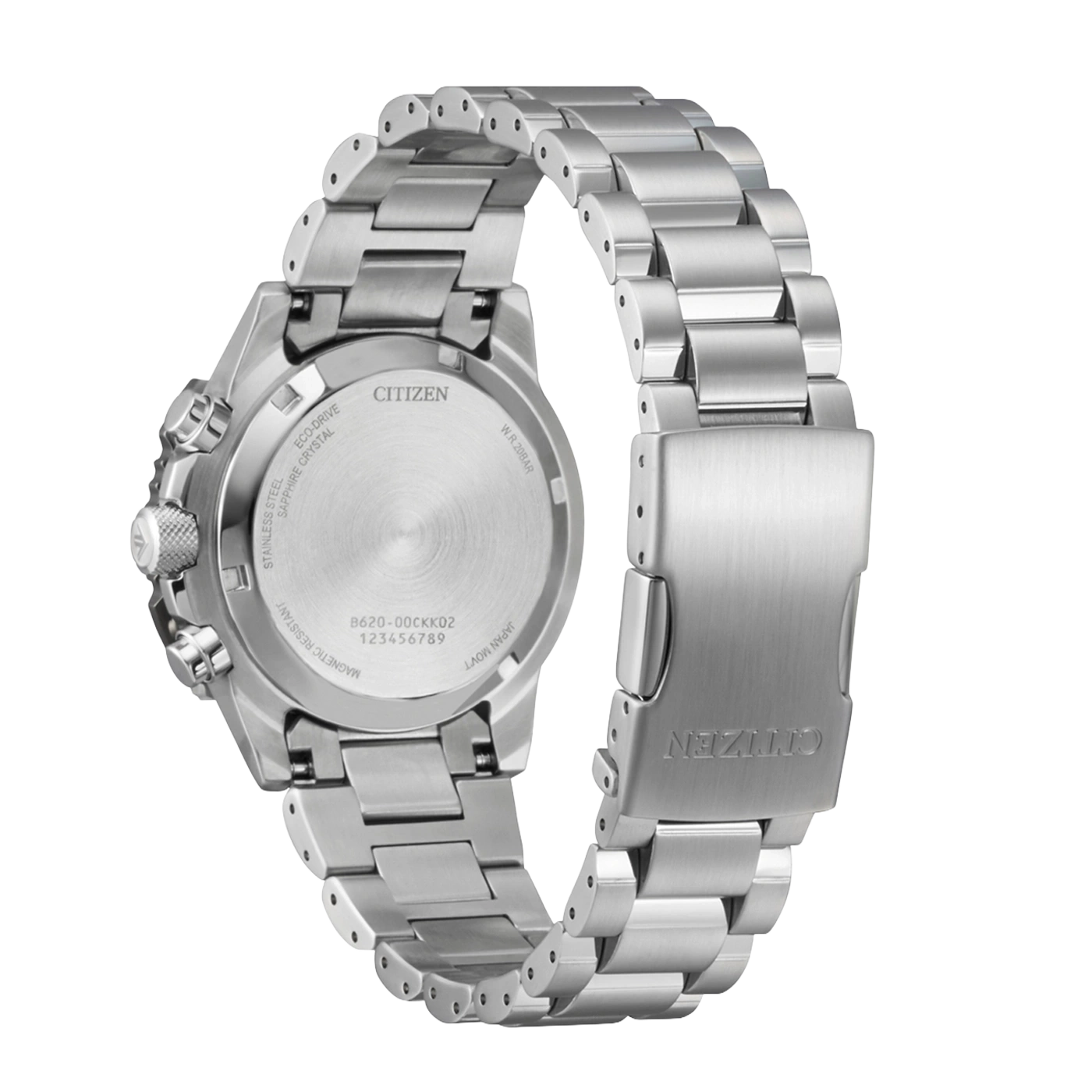 Back of a silver Citizen Eco-Drive watch with metal band.