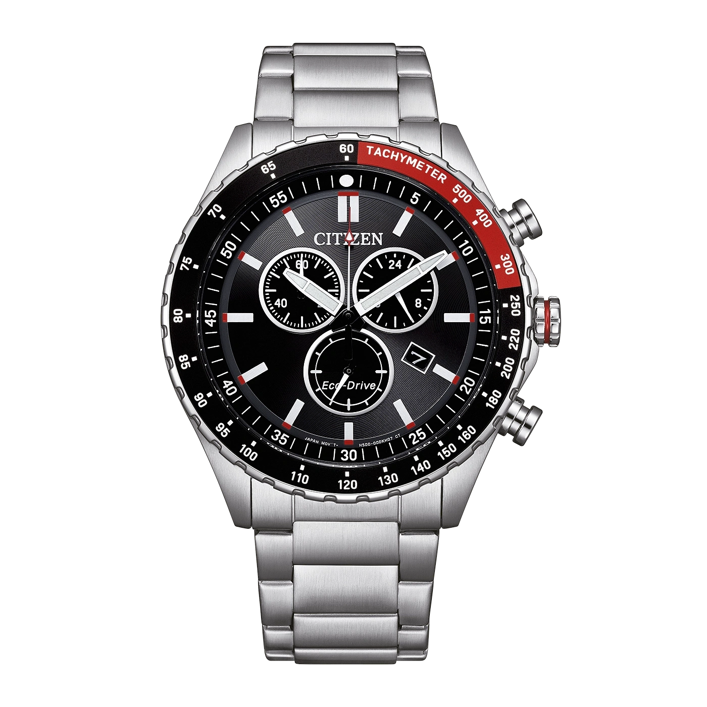 A Citizen Eco-Drive chronograph watch with a black dial and tachymeter bezel.