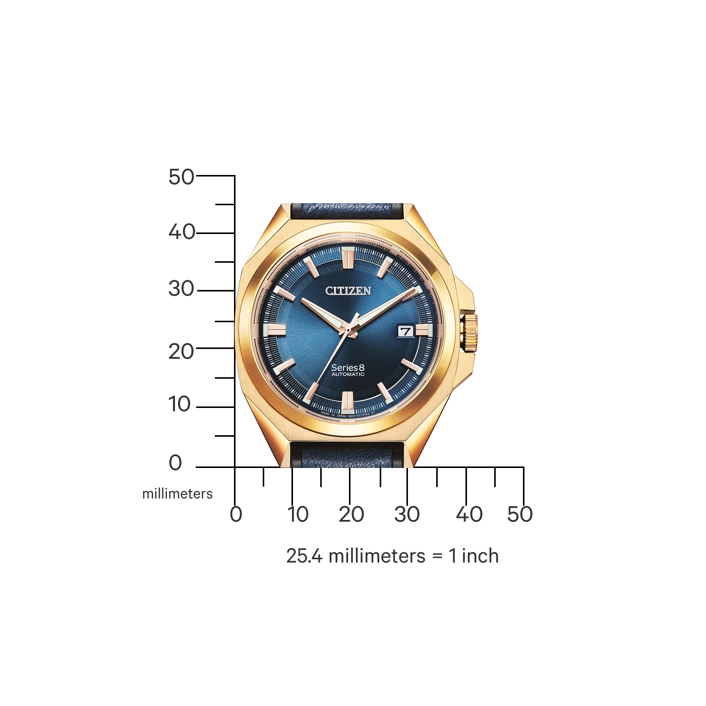 Citizen watch with gold case and blue dial, Series 8 Automatic, with scale in millimeters.