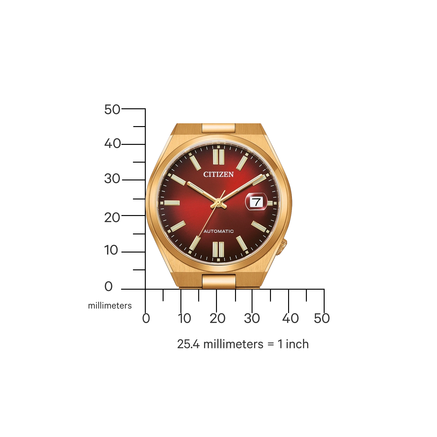 Gold Citizen watch with red face, date display, and automatic movement.