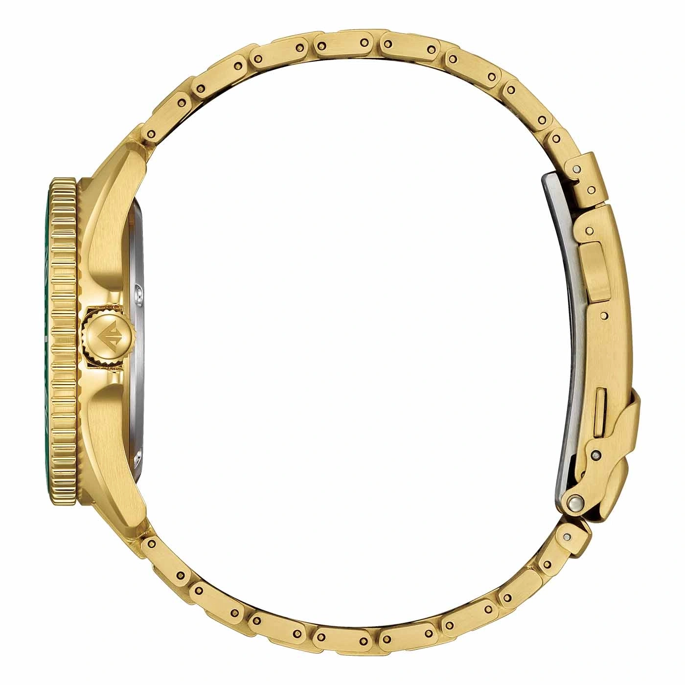 Gold watch side view, showing the band and watch face details.
