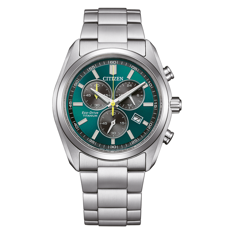 A green Citizen Eco-Drive Titanium chronograph watch
