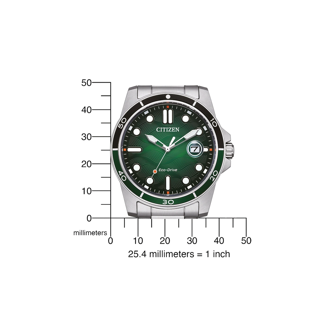 Citizen watch with green face, black bezel, and silver band. Eco-Drive technology.