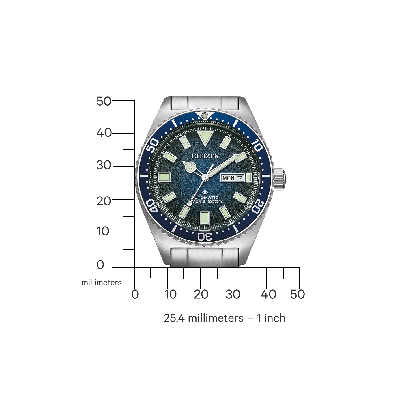 Citizen watch with blue dial, automatic, and a date display. It has a stainless steel band.