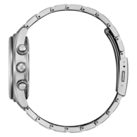 Side view of a silver watch with metal band and two buttons on the side.