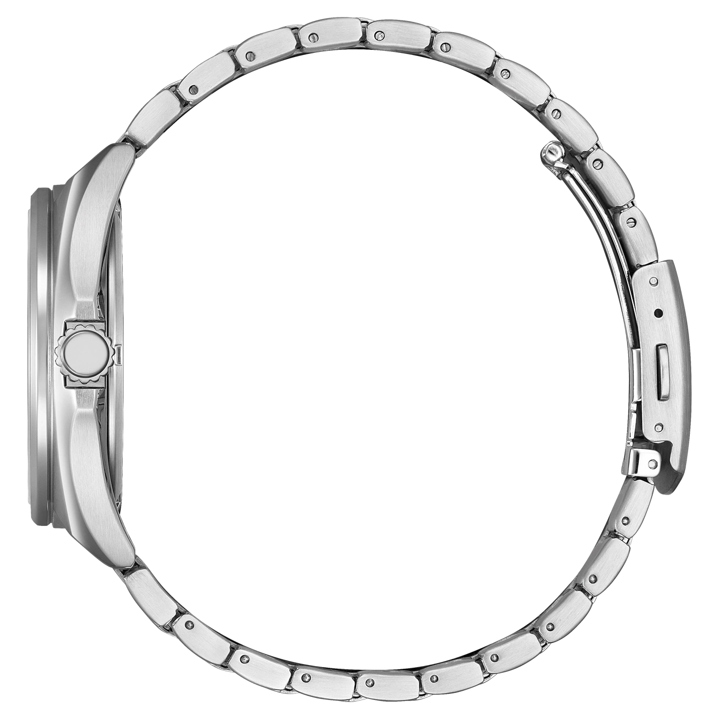 Side view of a silver wristwatch with a metal band and a round face.