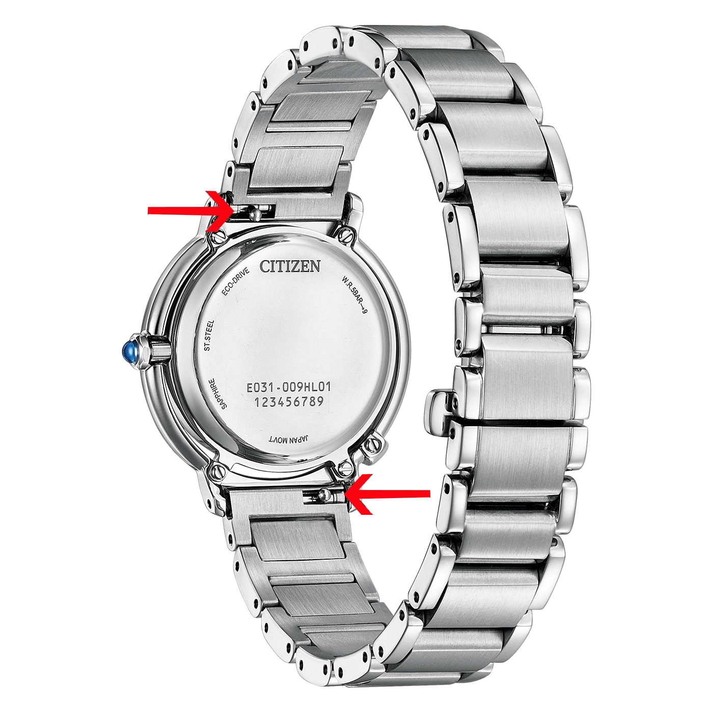 Citizen watch back with arrows pointing to the clasp and band connections.