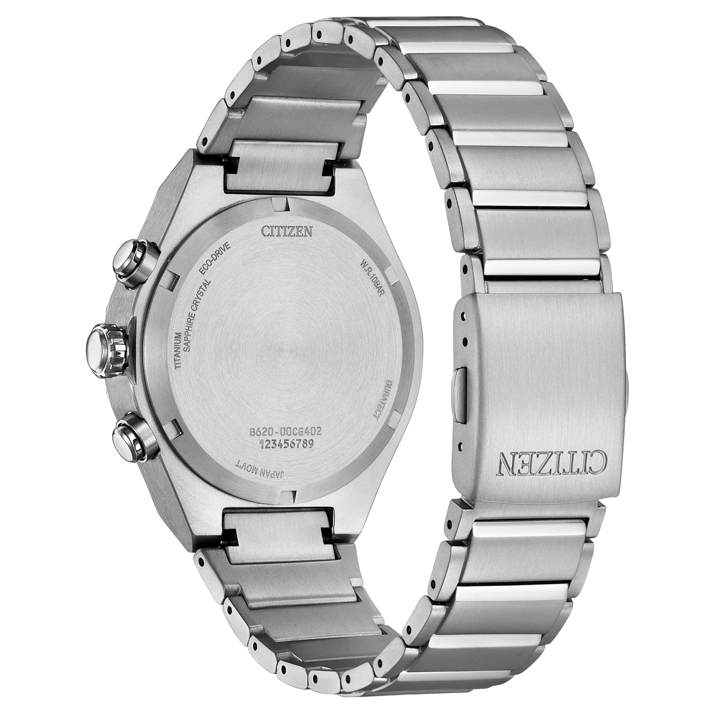Citizen watch back, titanium, sapphire crystal, Eco-Drive, W.R. 10BAR, Japan Movt.