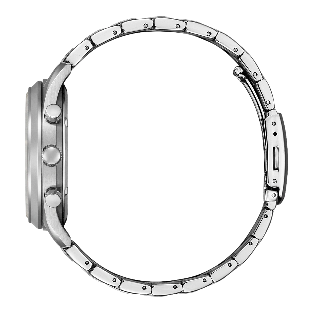 Side view of a silver wristwatch with a metal band and buttons.