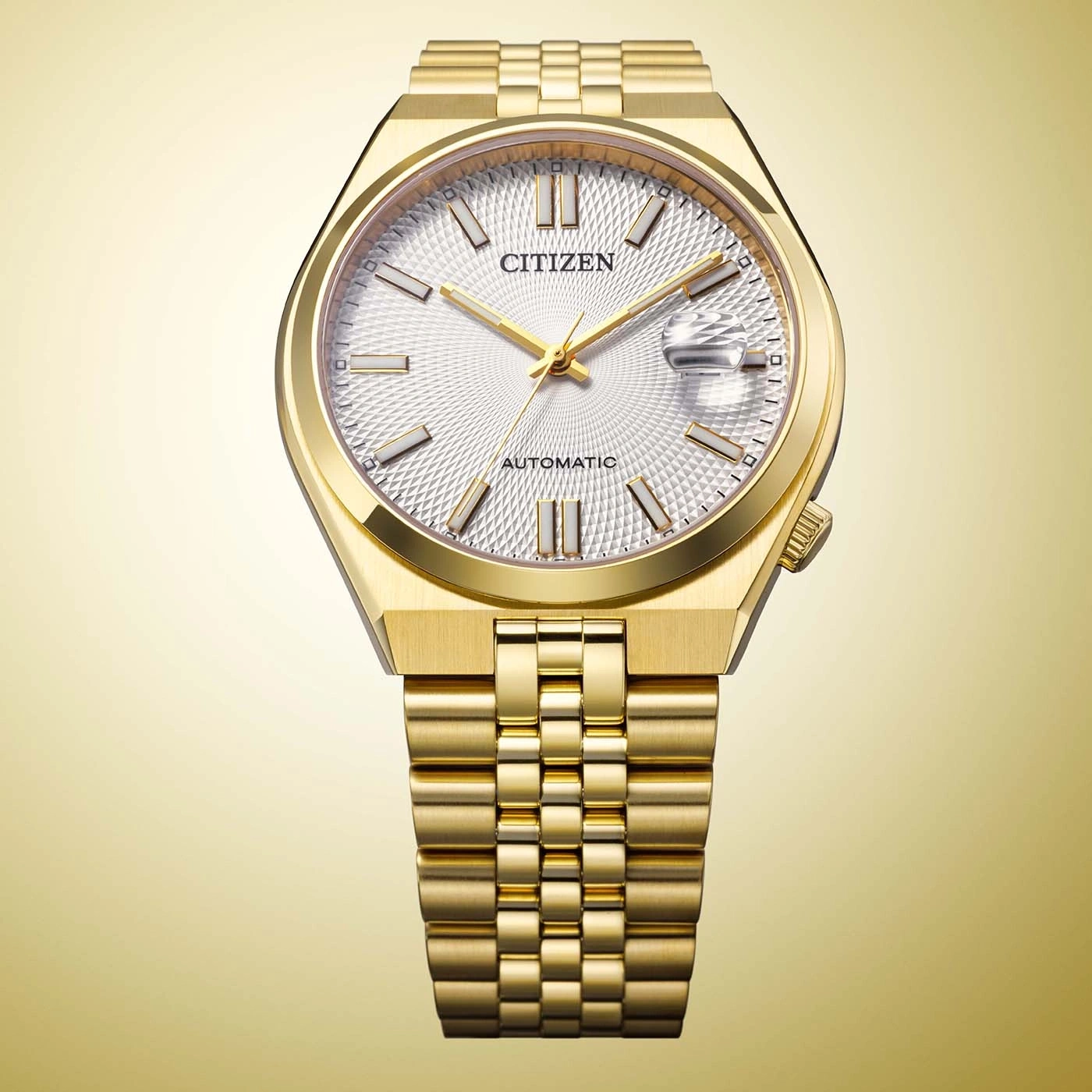 Gold Citizen automatic watch with white textured dial.