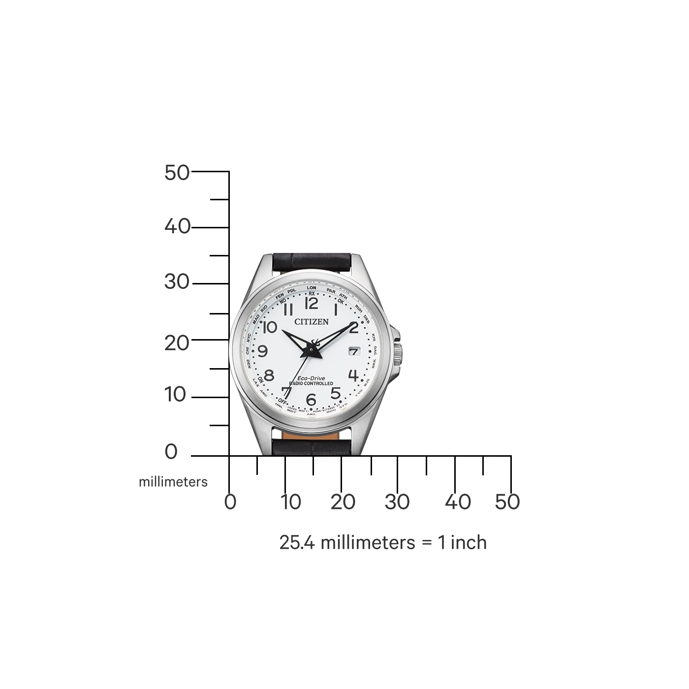 Citizen watch with white face, black leather strap, and time markers.