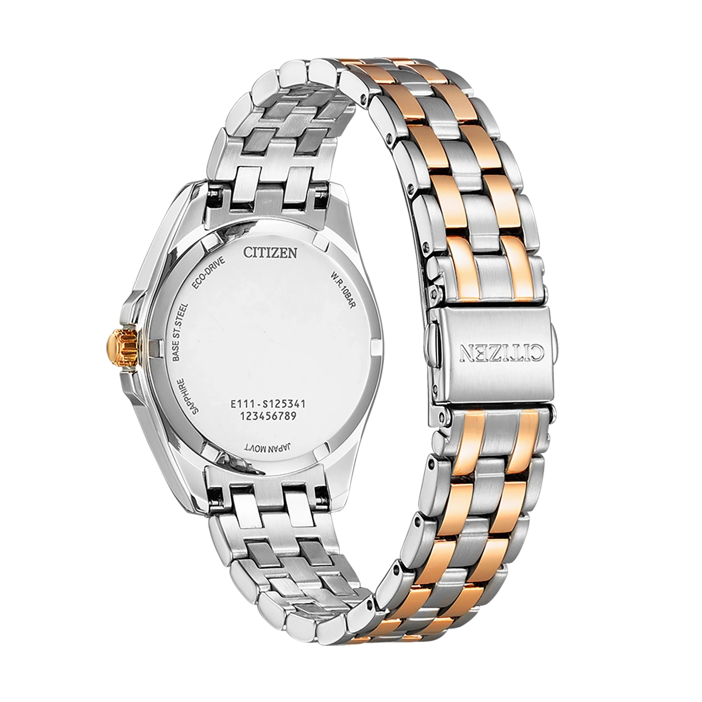 Citizen watch back with details: sapphire, eco-drive, base st. steel, japan movt.