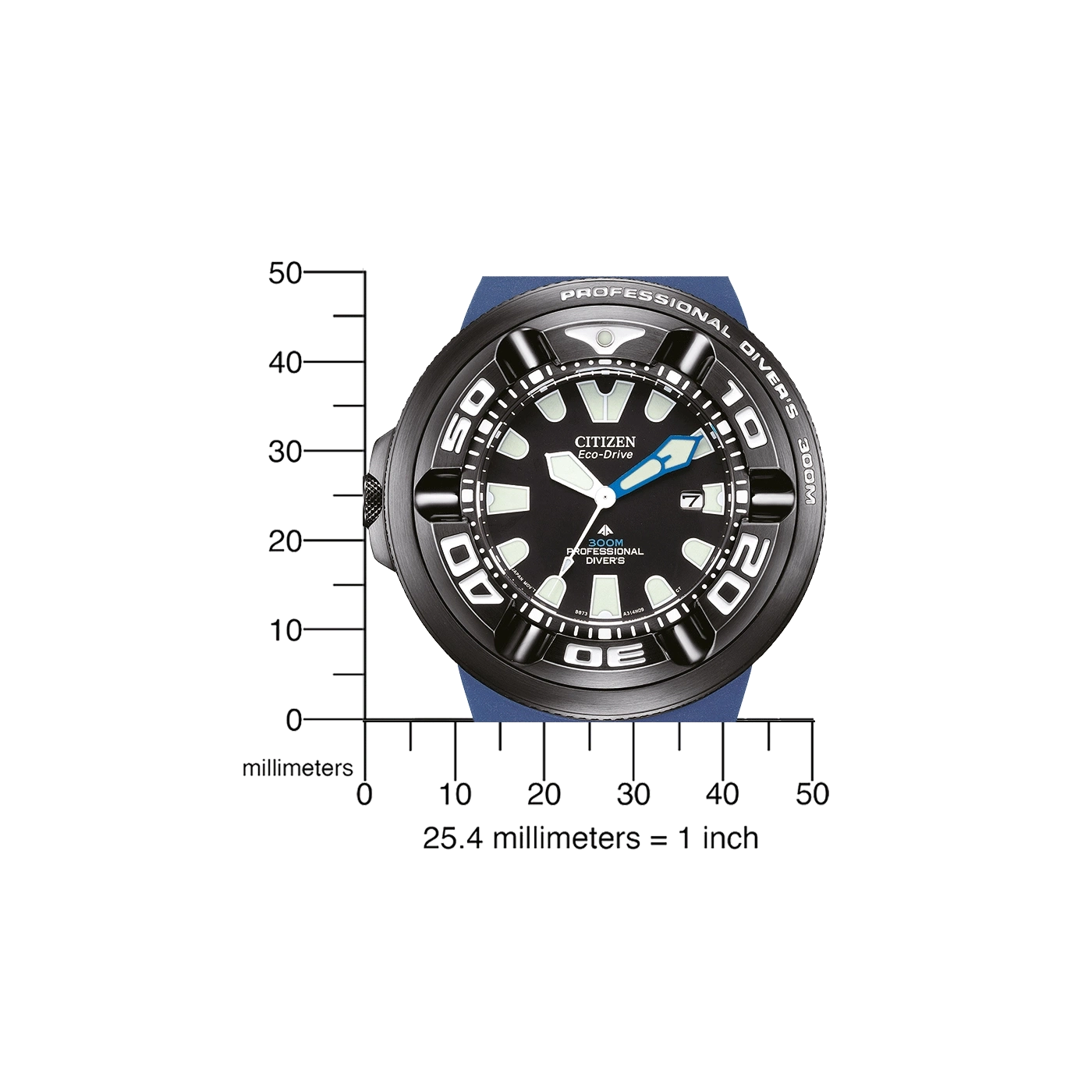 Citizen watch with black face, blue strap, and professional diver's details.