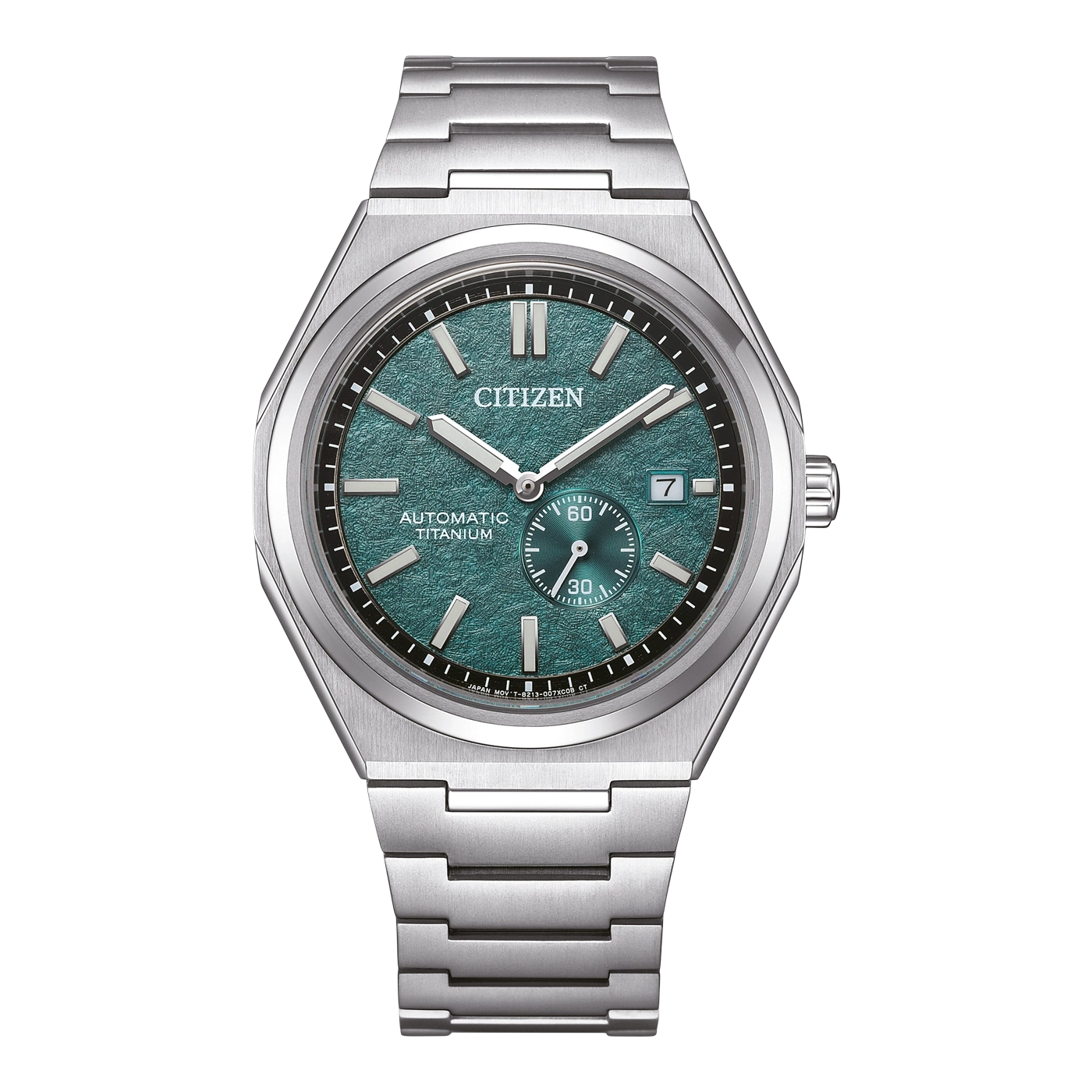 Citizen watch with green face, automatic titanium, and date display.