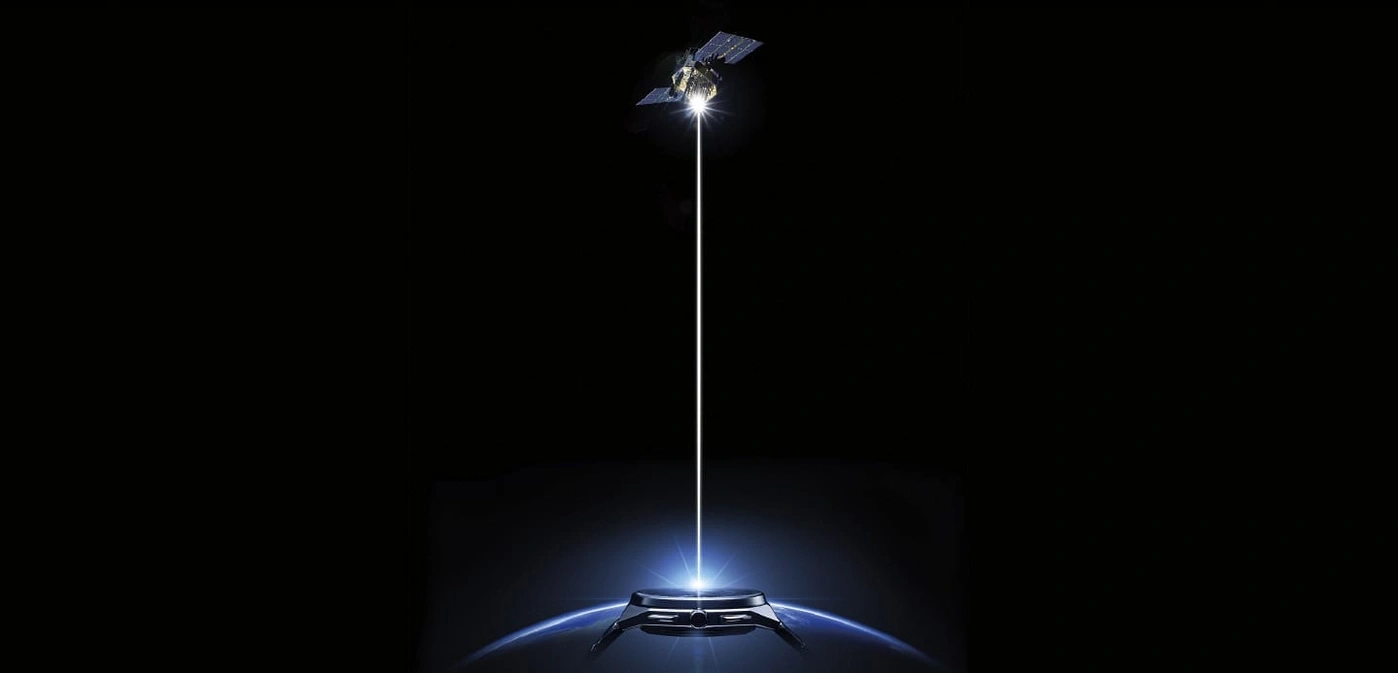 Satellite beaming a laser down to a base station on Earth in space.