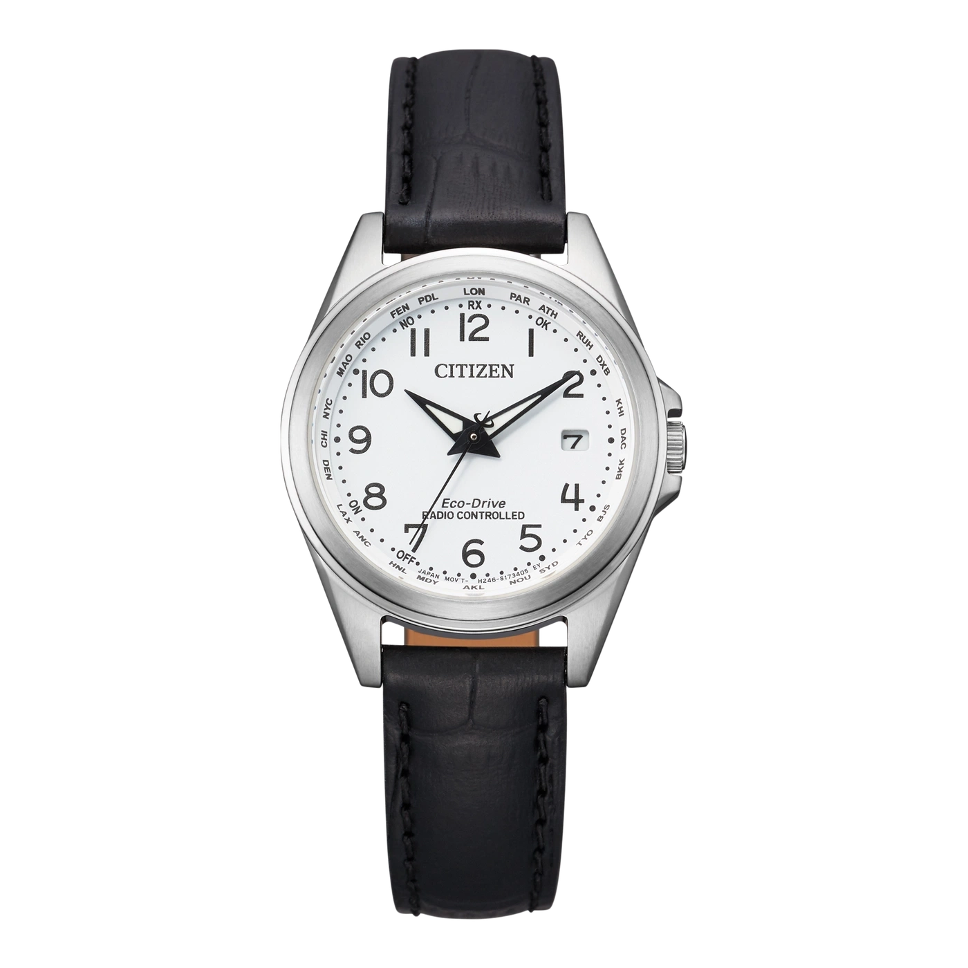 Citizen watch with black leather strap, white face, and time zone indicators.