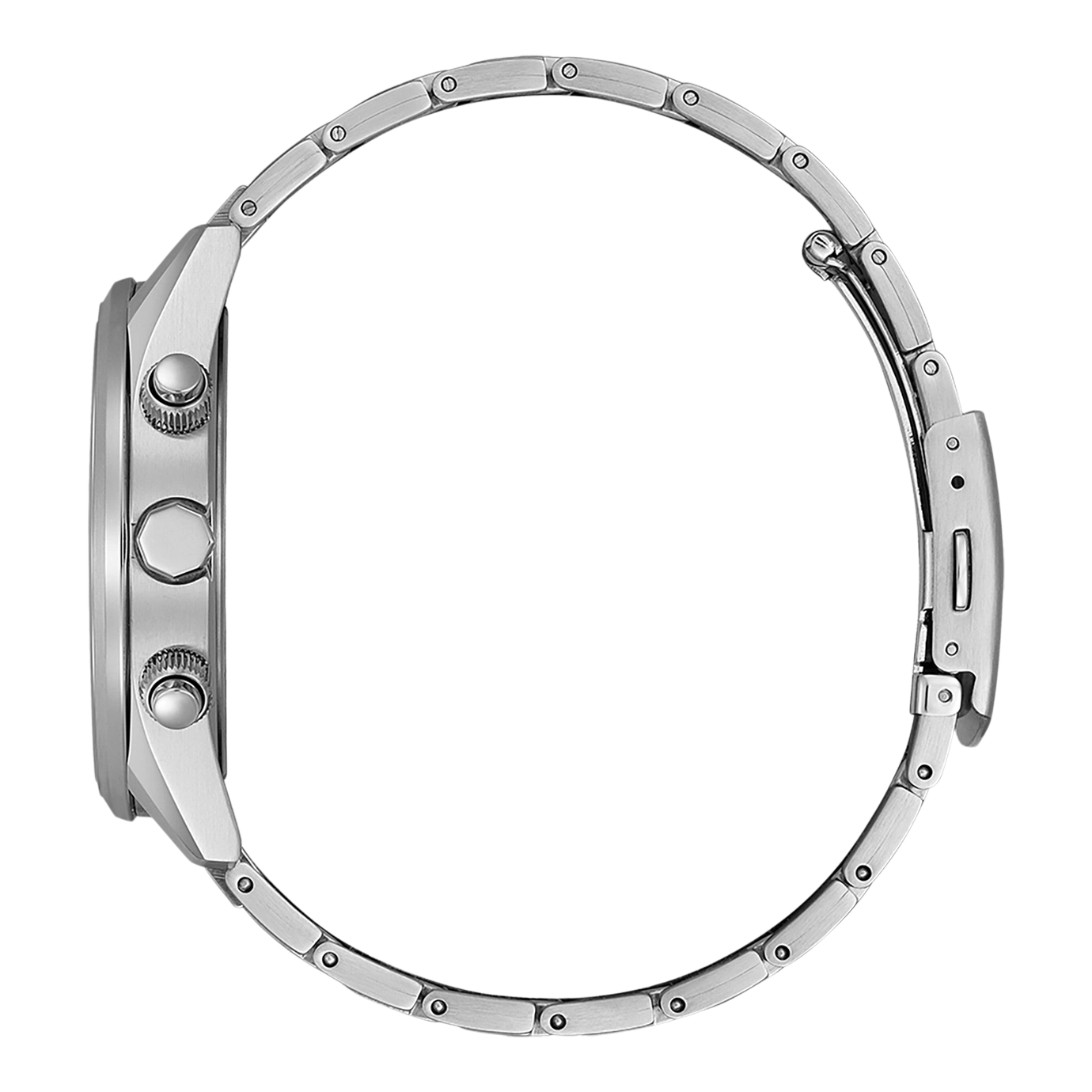 Side view of a silver wristwatch with a metal band and buttons.