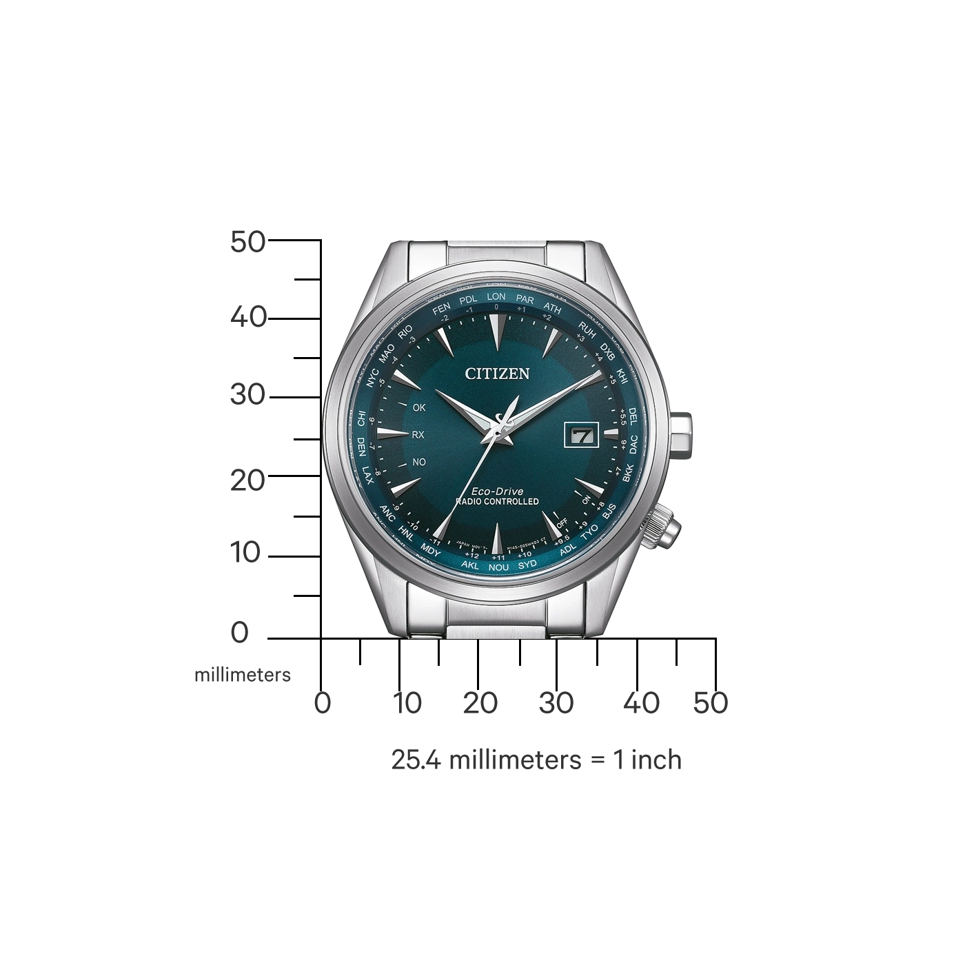 Citizen watch with time zone indicators and a dark teal face.